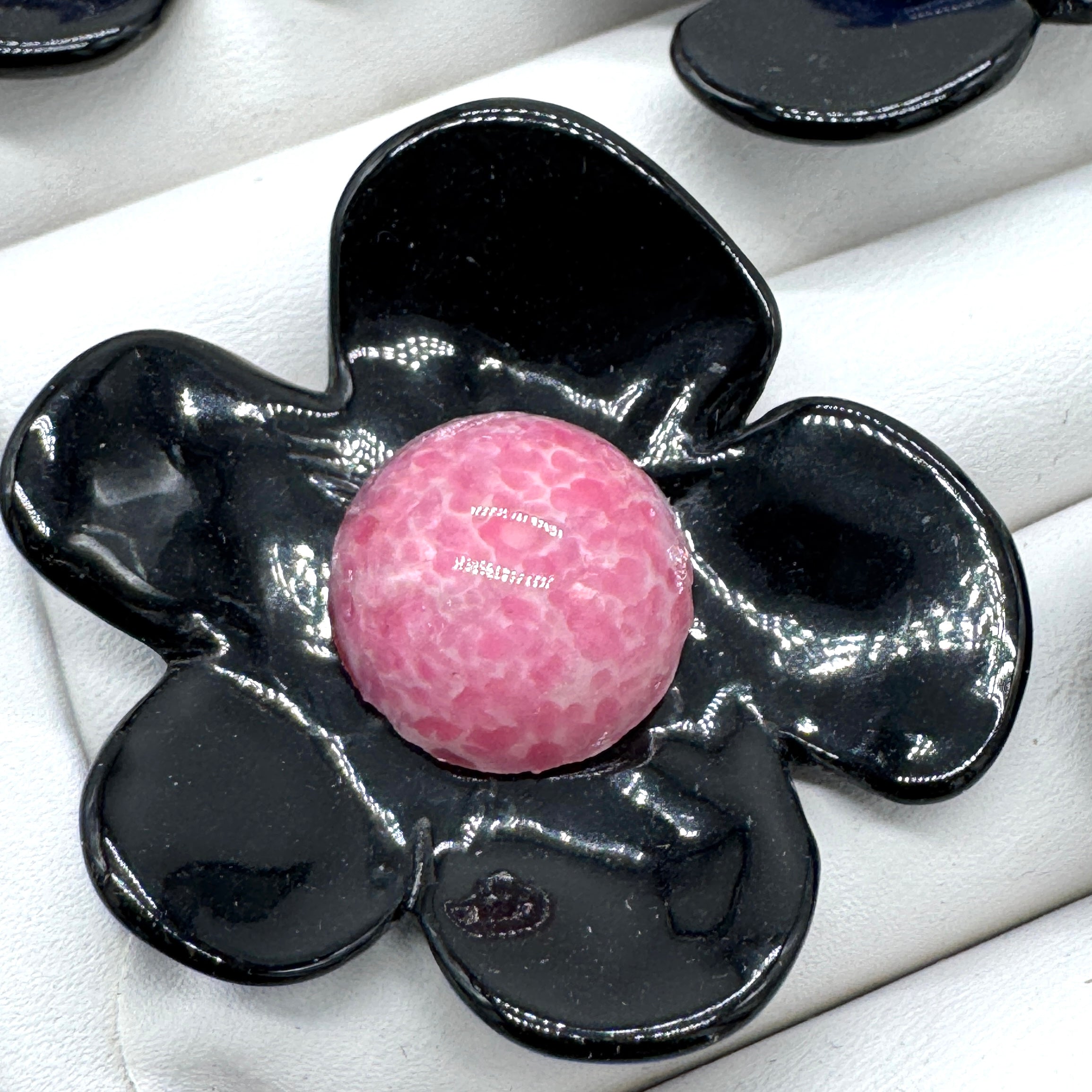 Black Coco Flower Cocktail Ring — Pink Speckle Center
