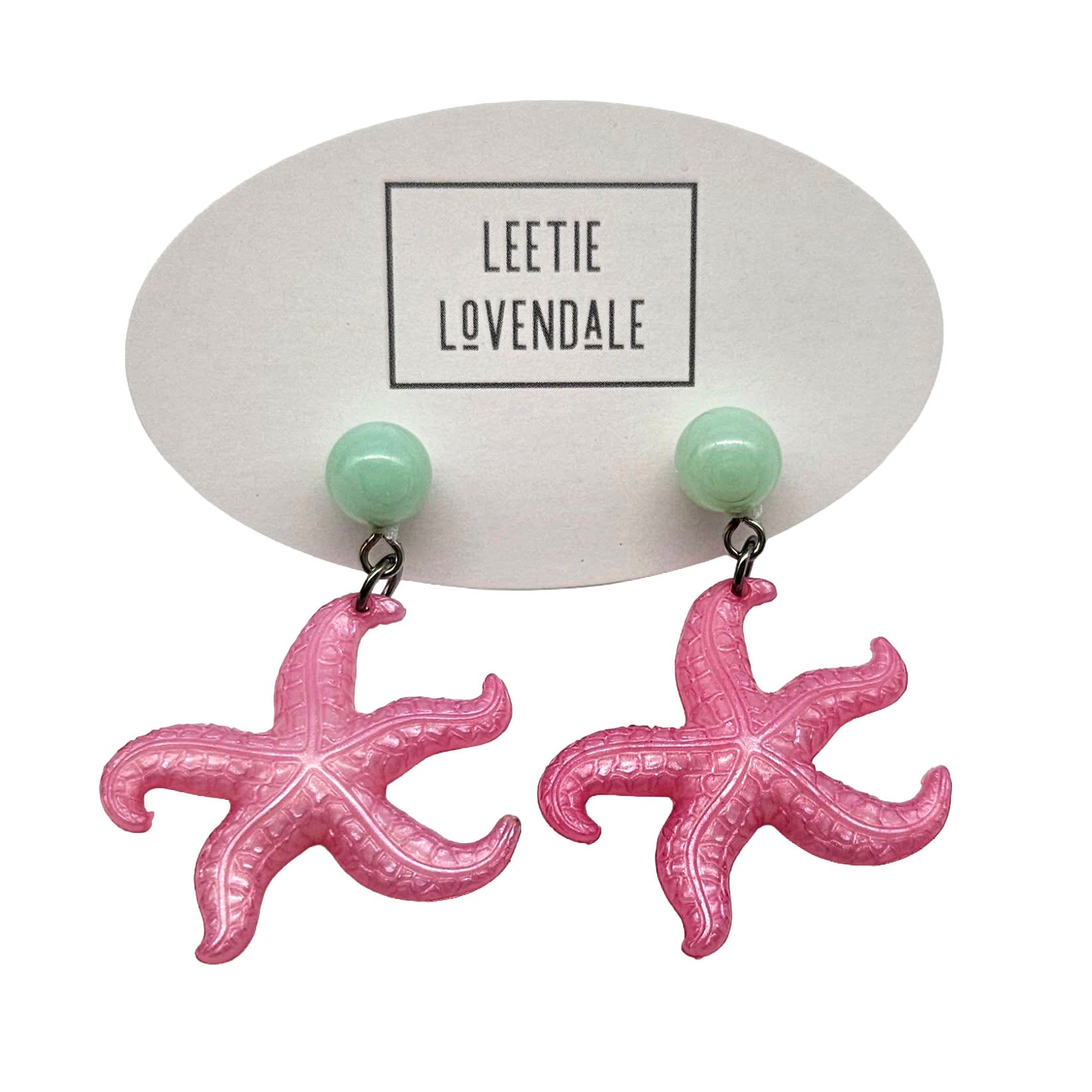 Pink starfish earrings on a white background with &