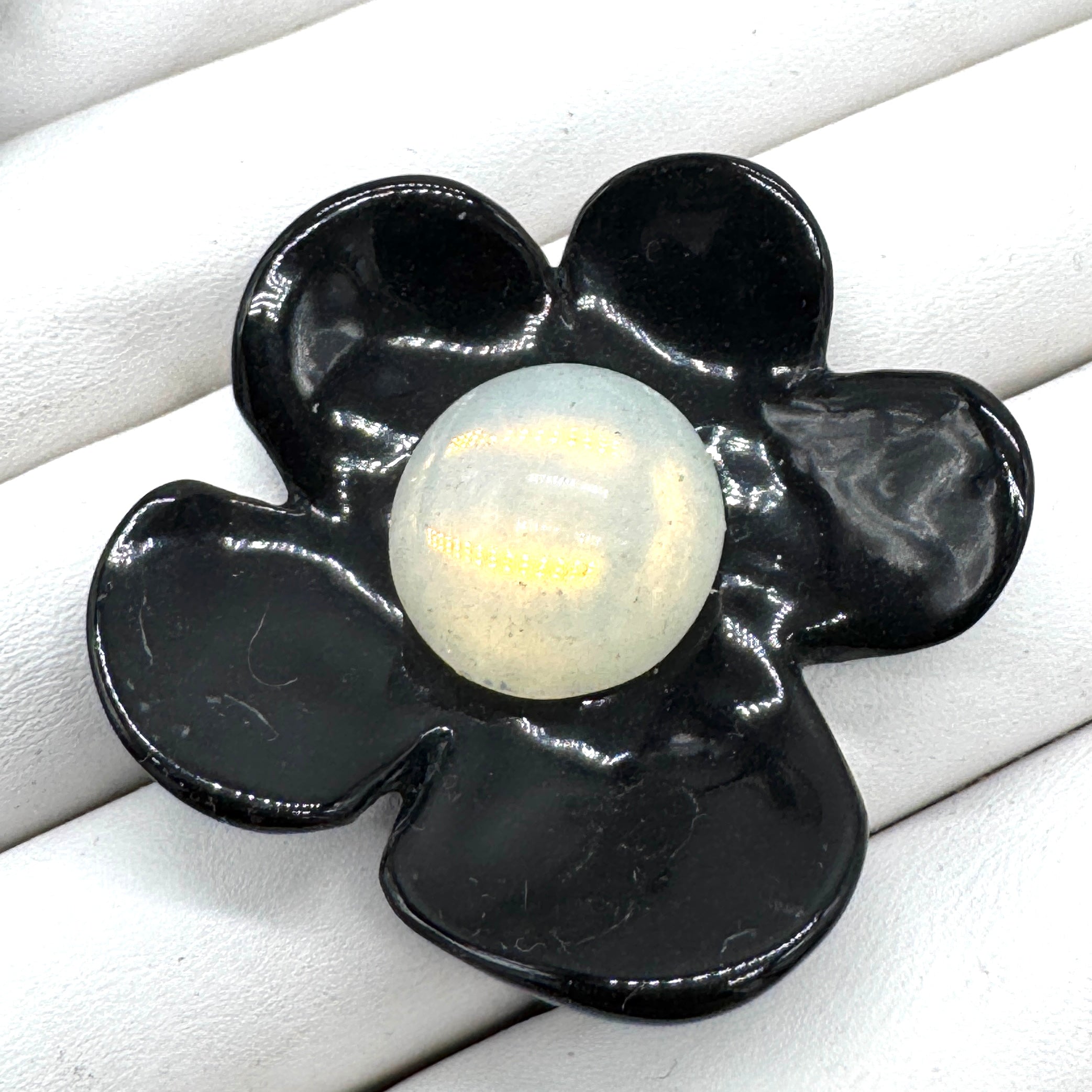 Black Coco Flower Cocktail Ring — White Opal Foil Center