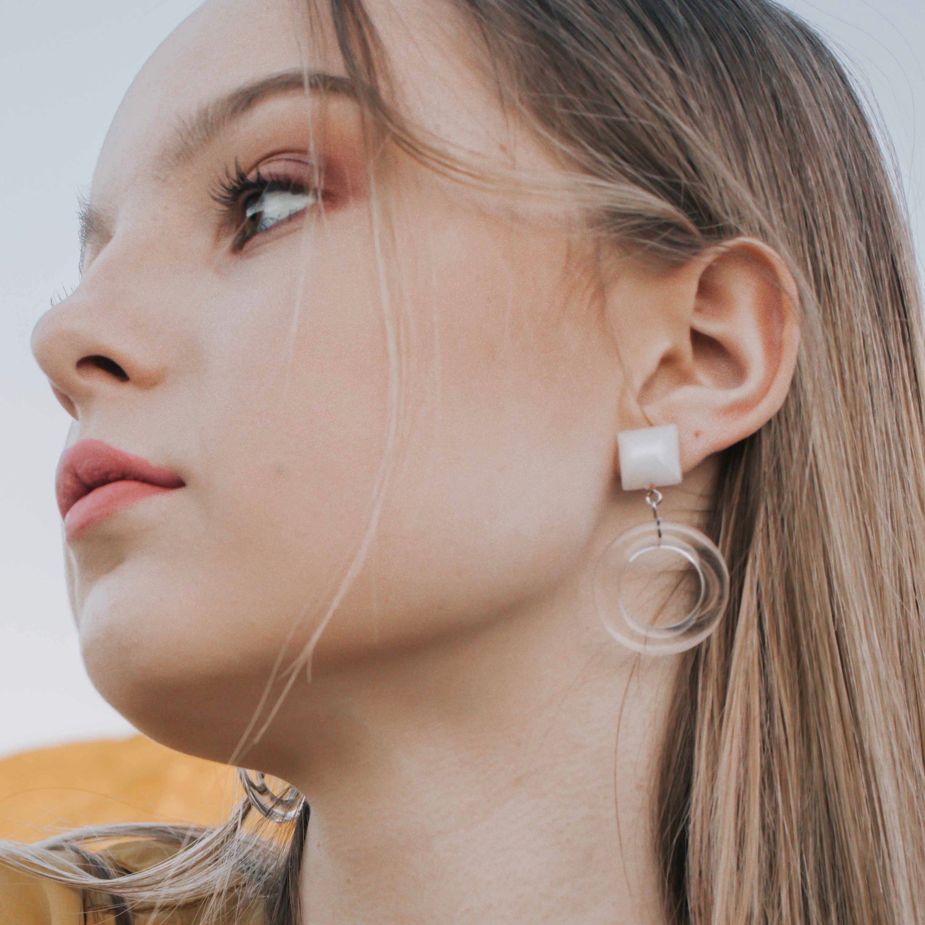 White Moonglow & Clear Donut Drop Earrings