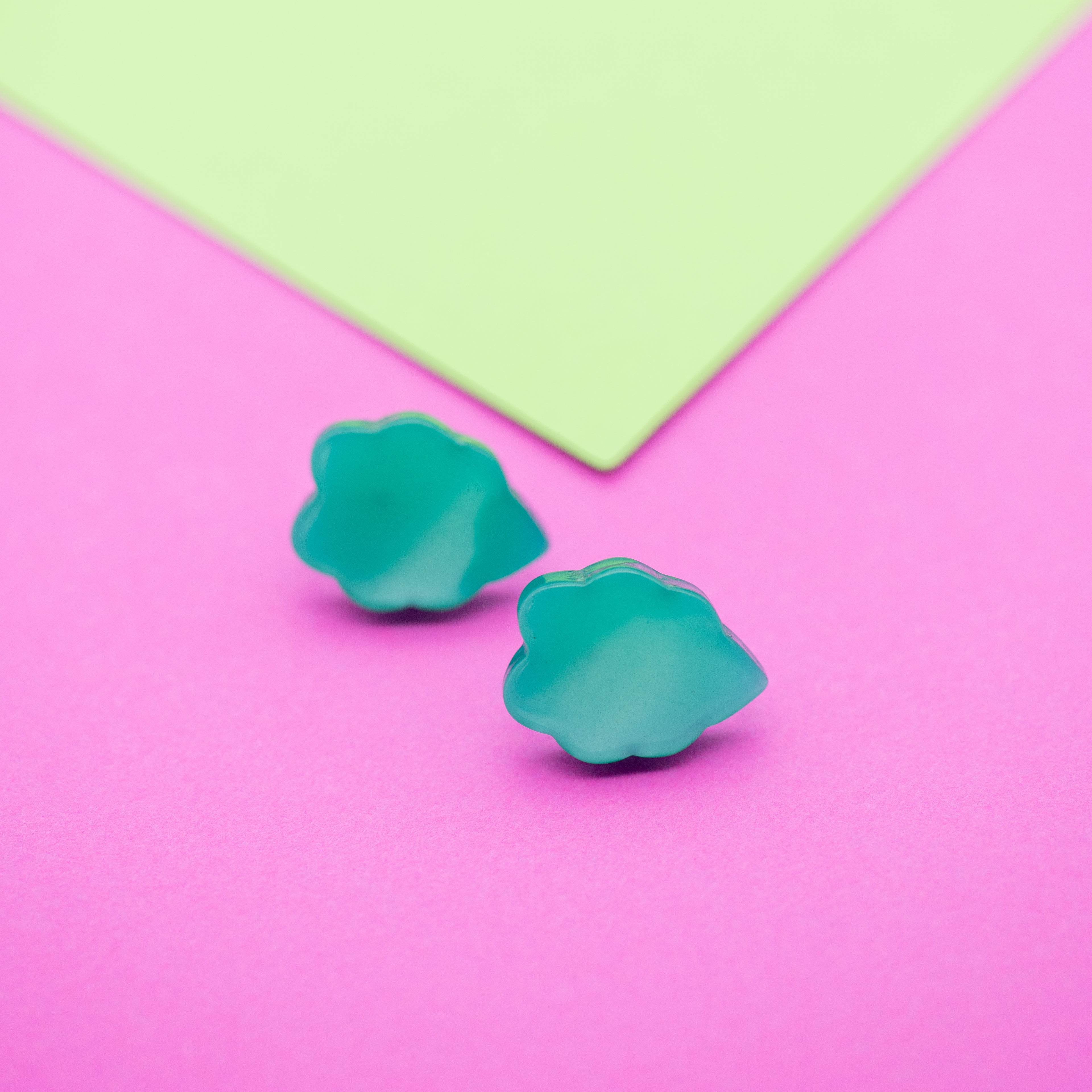 Teal Green Moonglow Leaf Stud Earrings