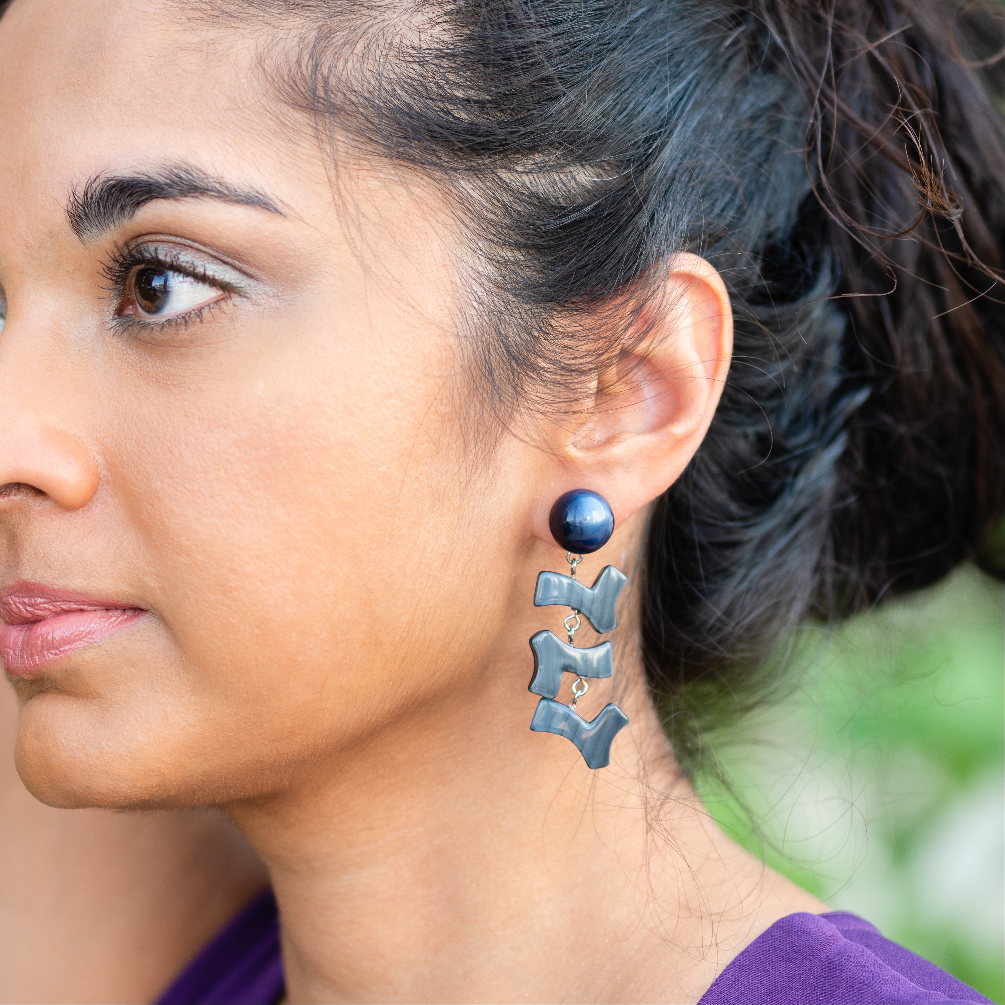 Midnight Blue & Slate Moonglow Zag Statement Earrings *
