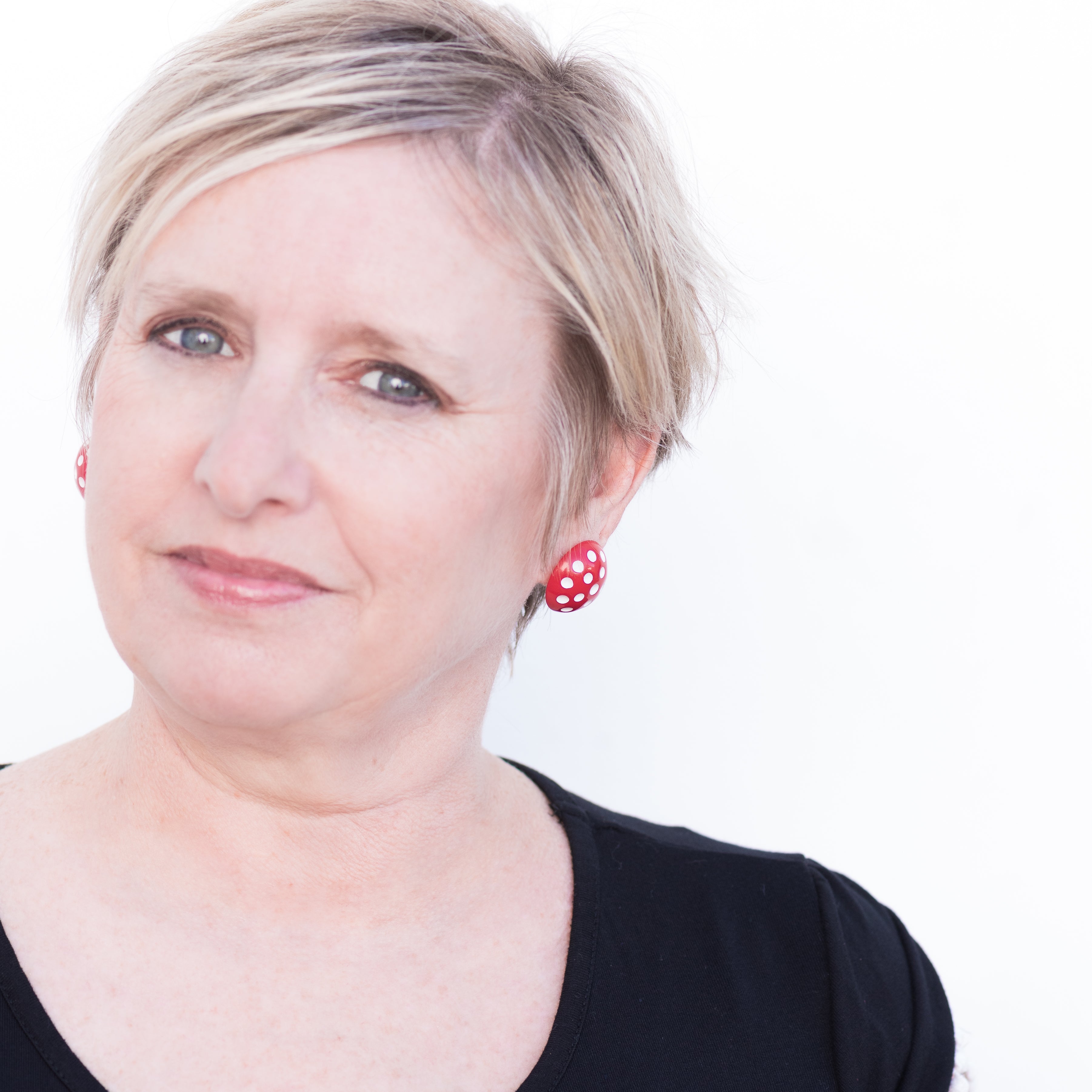 polka dot earrings on Jen