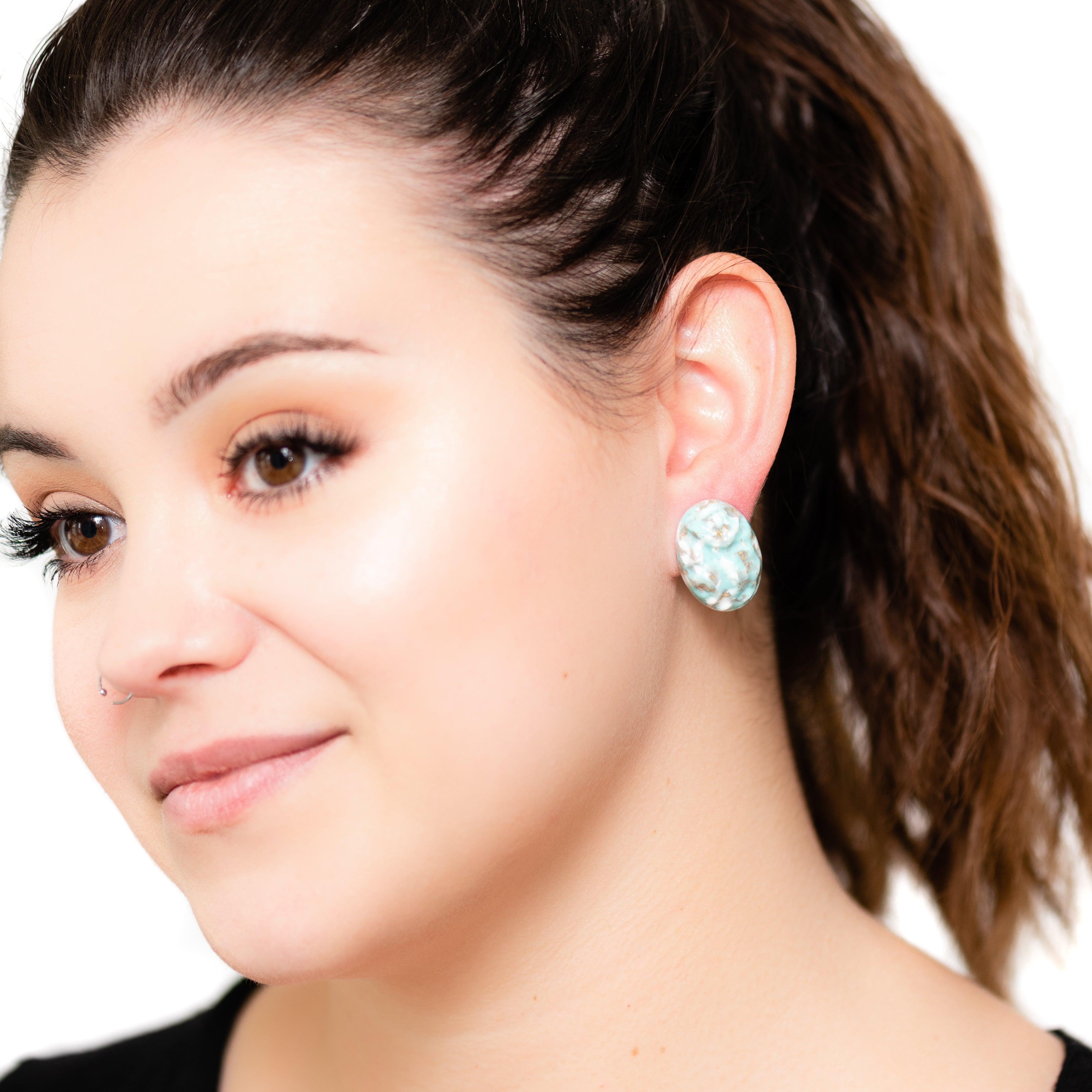 Green Silver Glitter Oval Button Studs *As Is