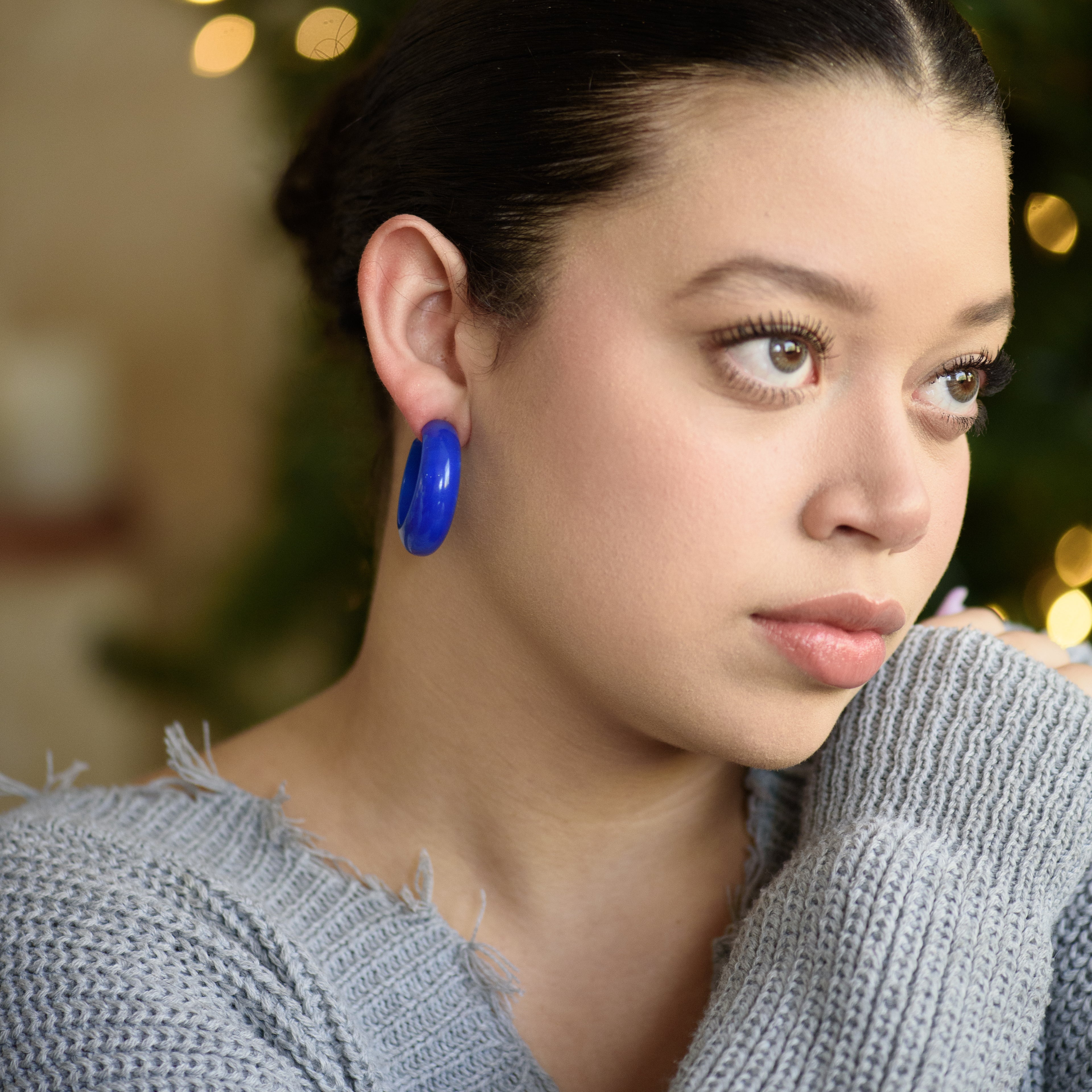 Electric Blue Marbled Chunky Hoop Earrings