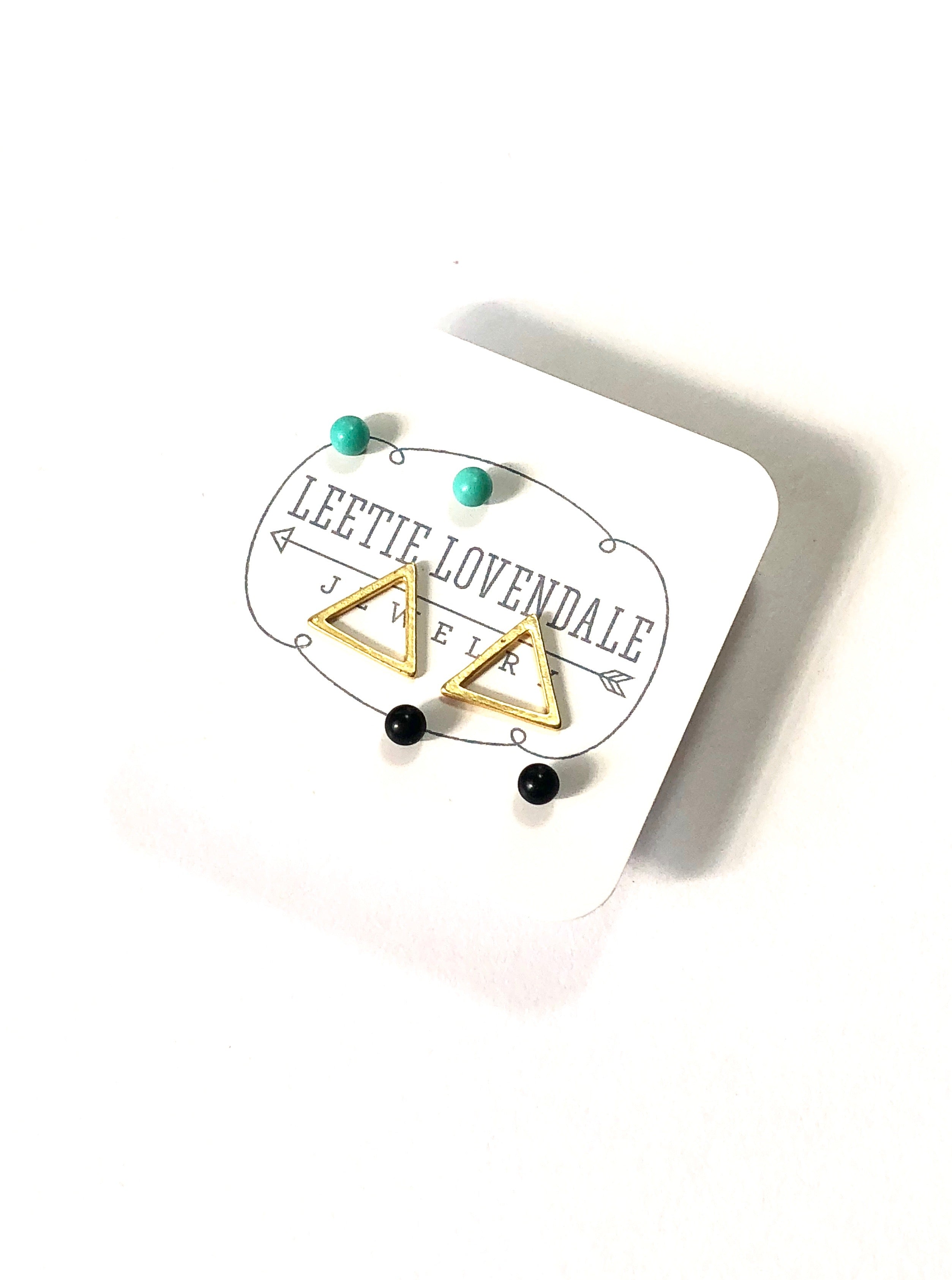 Mint Jet Black & Frosted Gold Triangle Tiny Geo Stud Earrings