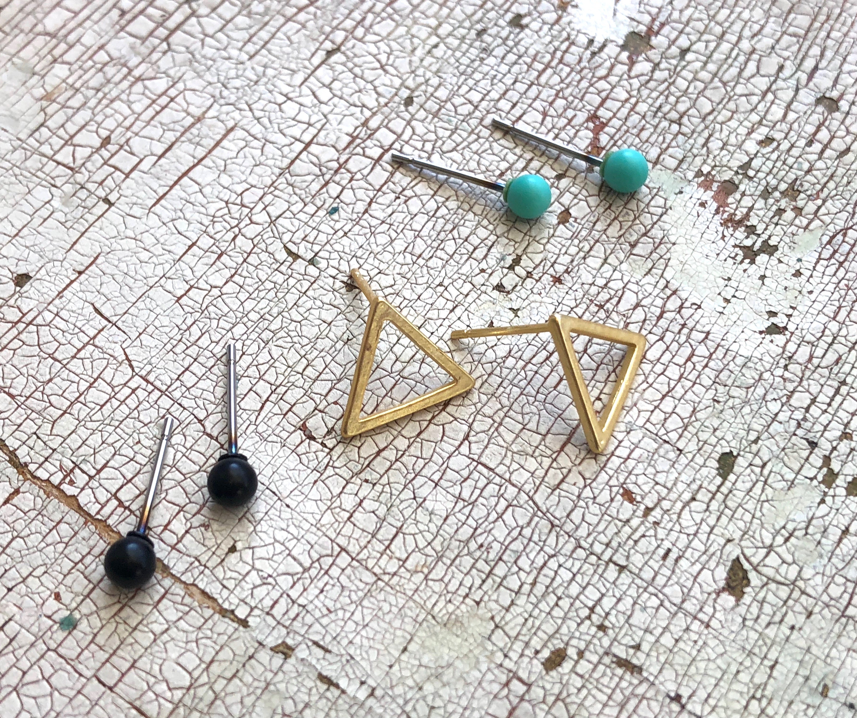 Mint Jet Black & Frosted Gold Triangle Tiny Geo Stud Earrings