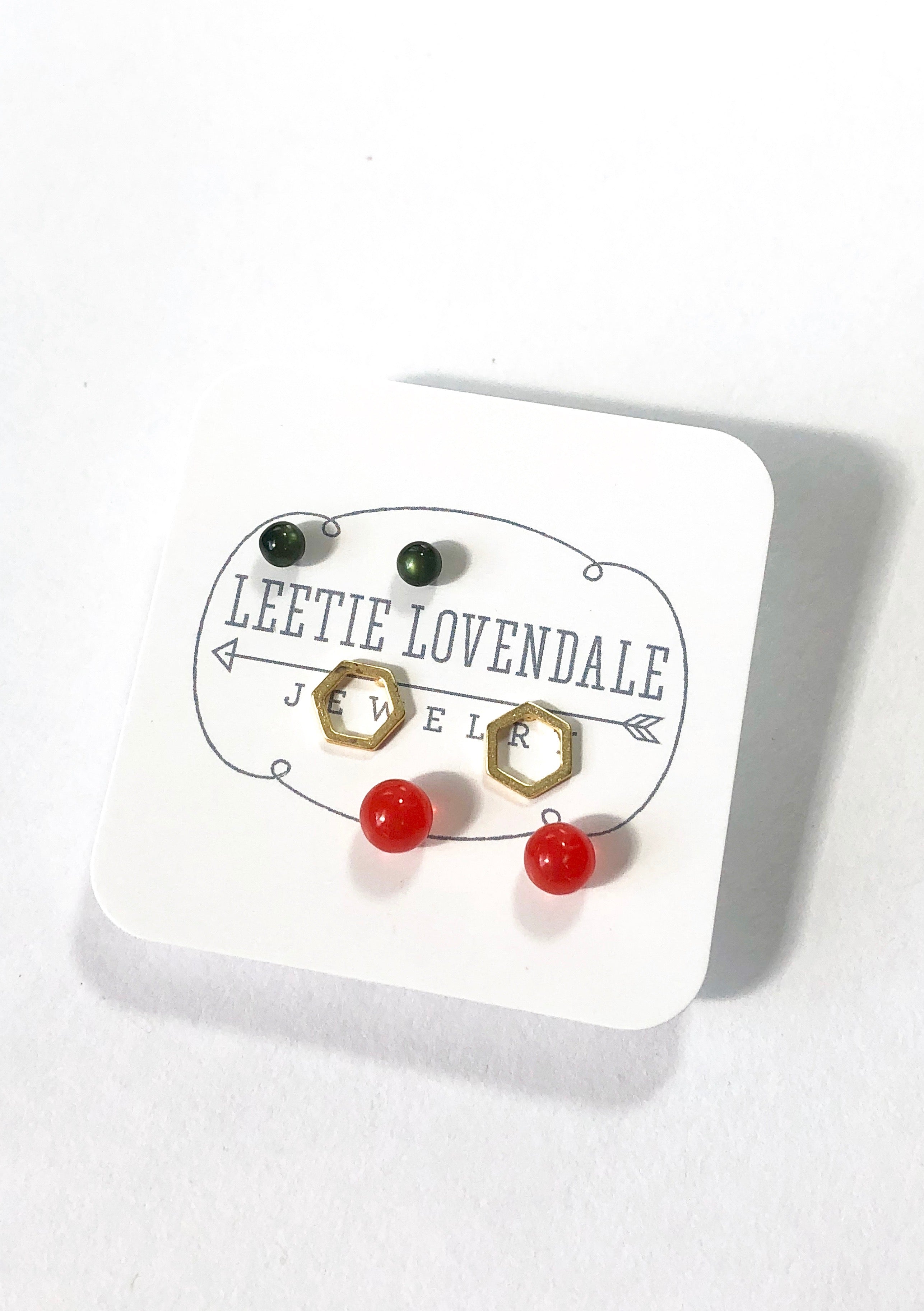Tiny Forest Green Tomato Red & Frosted Gold Hexagon Geo Studs Earring Set