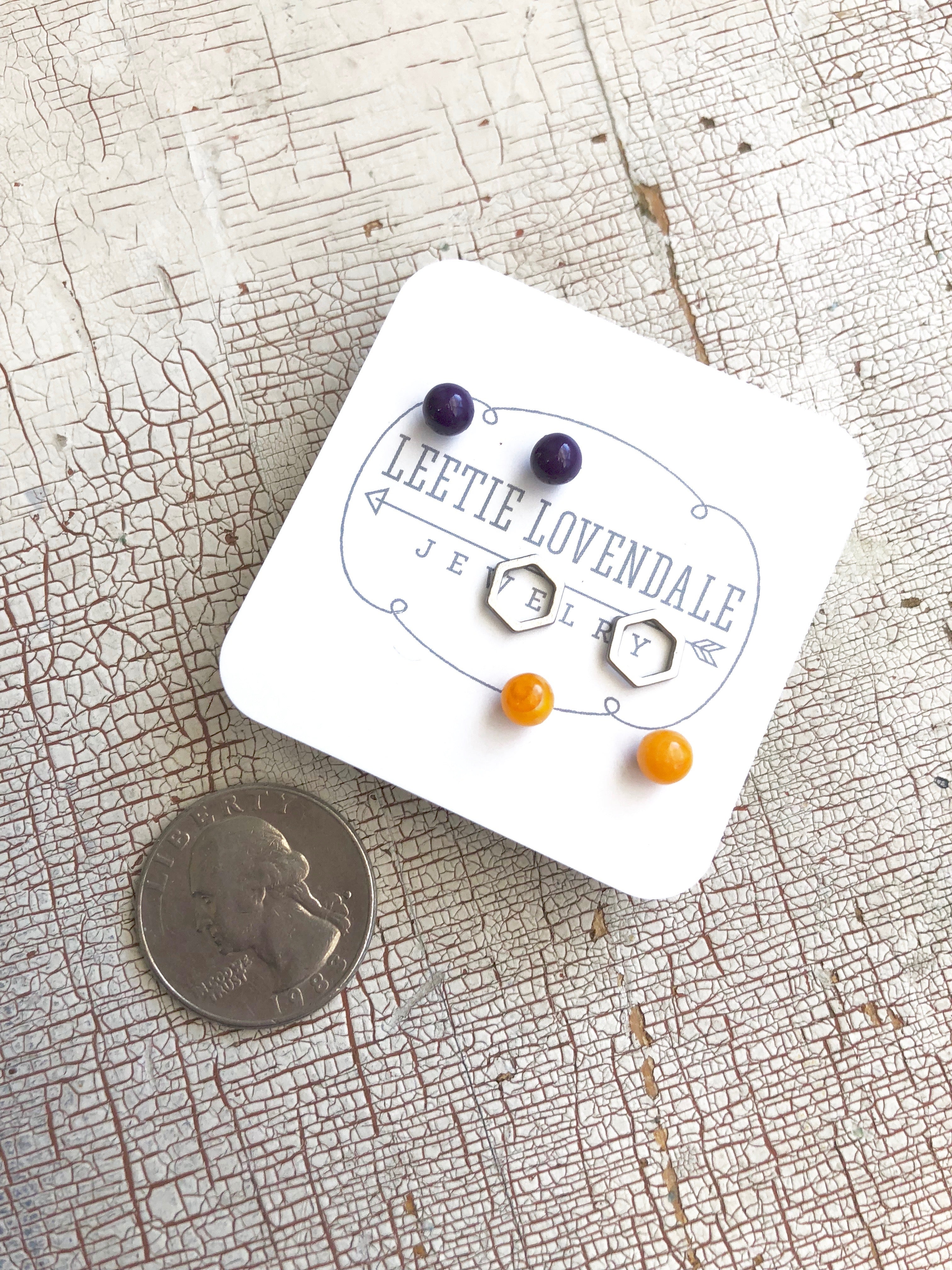 Tiny Dark Purple Amber & Frosted Silver Hexagon Geo Stud Earrings Set