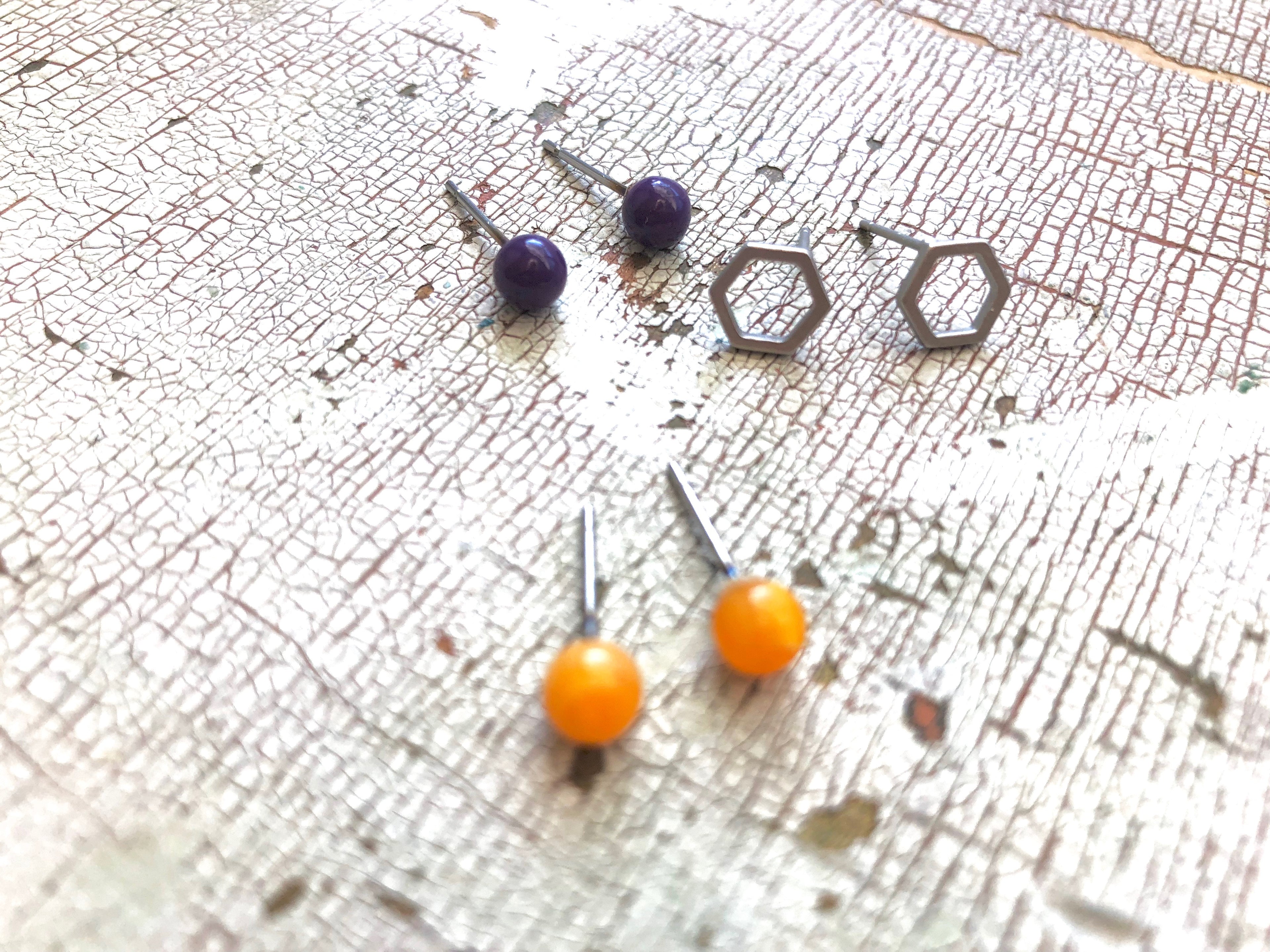 Tiny Dark Purple Amber & Frosted Silver Hexagon Geo Stud Earrings Set