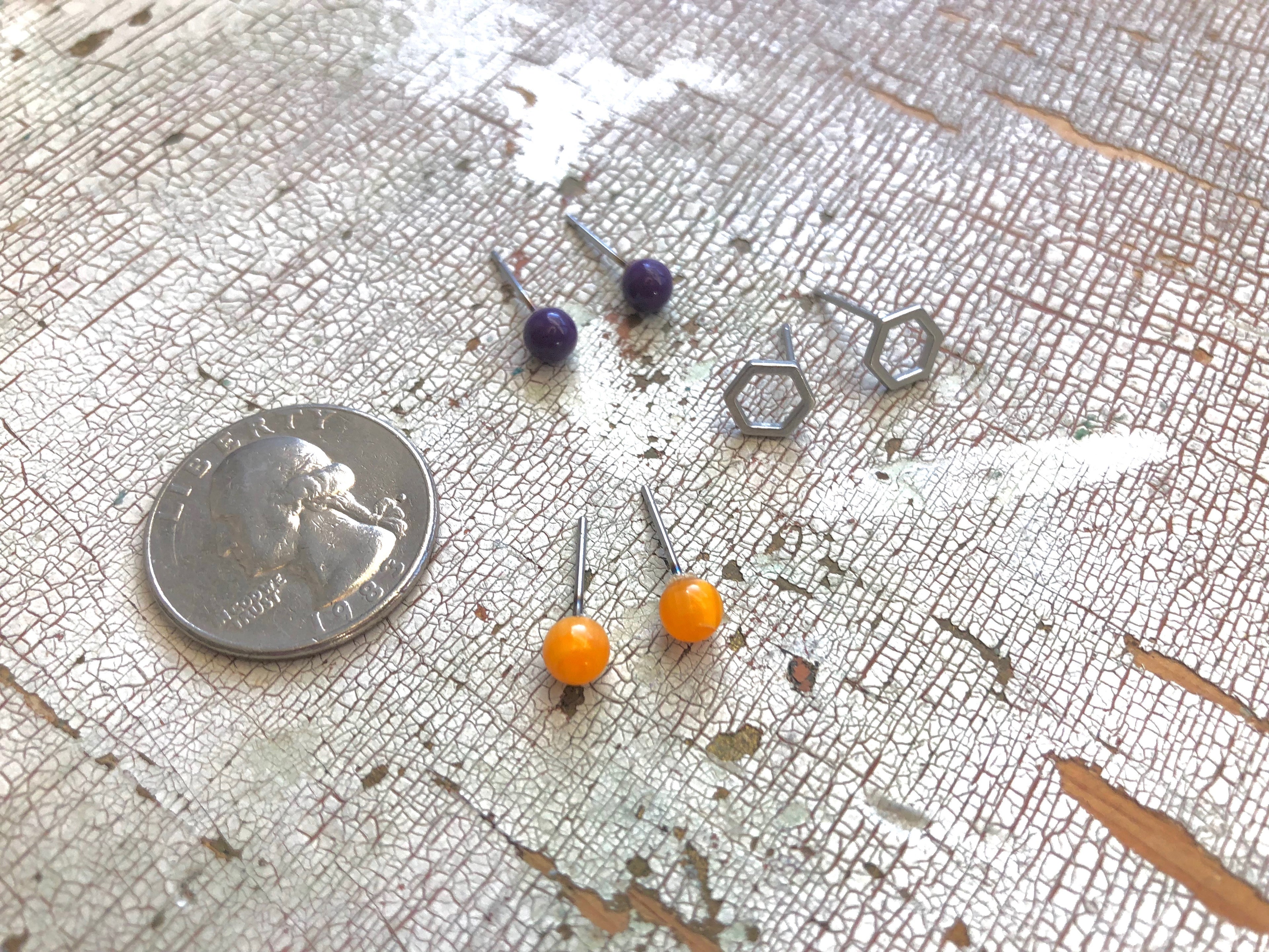 Tiny Dark Purple Amber & Frosted Silver Hexagon Geo Stud Earrings Set