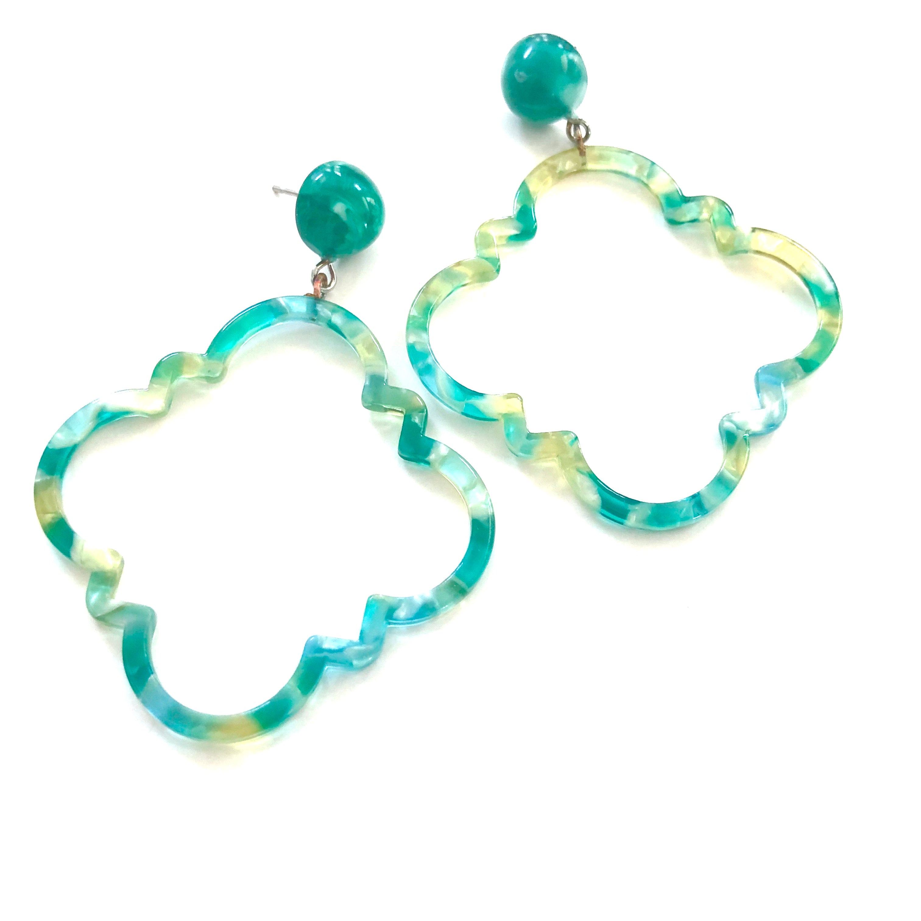 Bright Spring Green & Lemon Marbled Quatrefoil Earrings