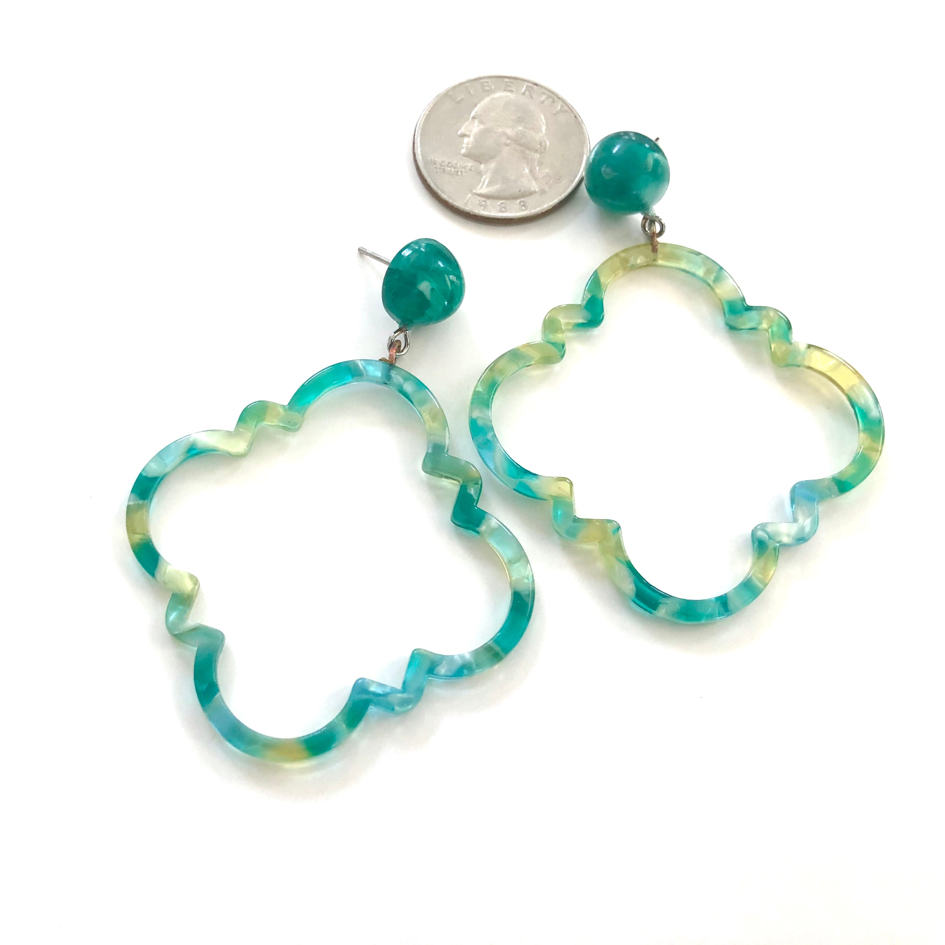 Bright Spring Green & Lemon Marbled Quatrefoil Earrings