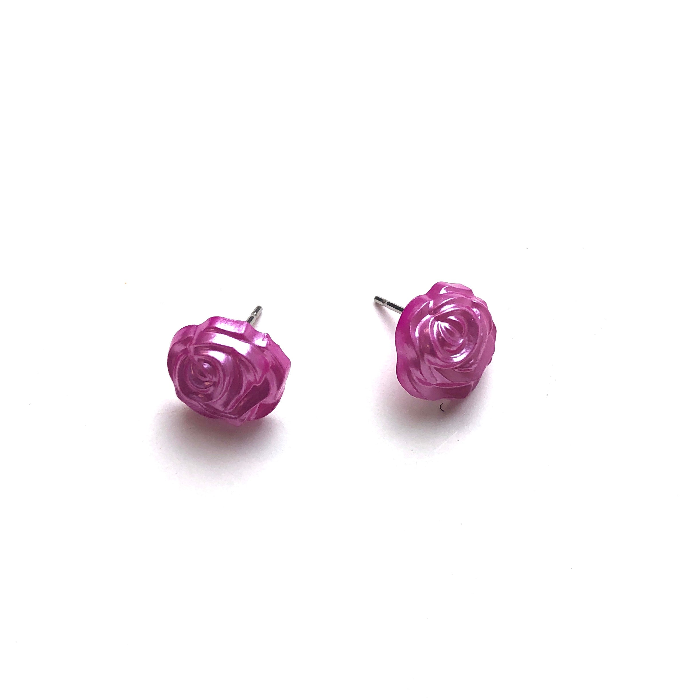 Hot PInk Pearl Rose Button Stud Earrings