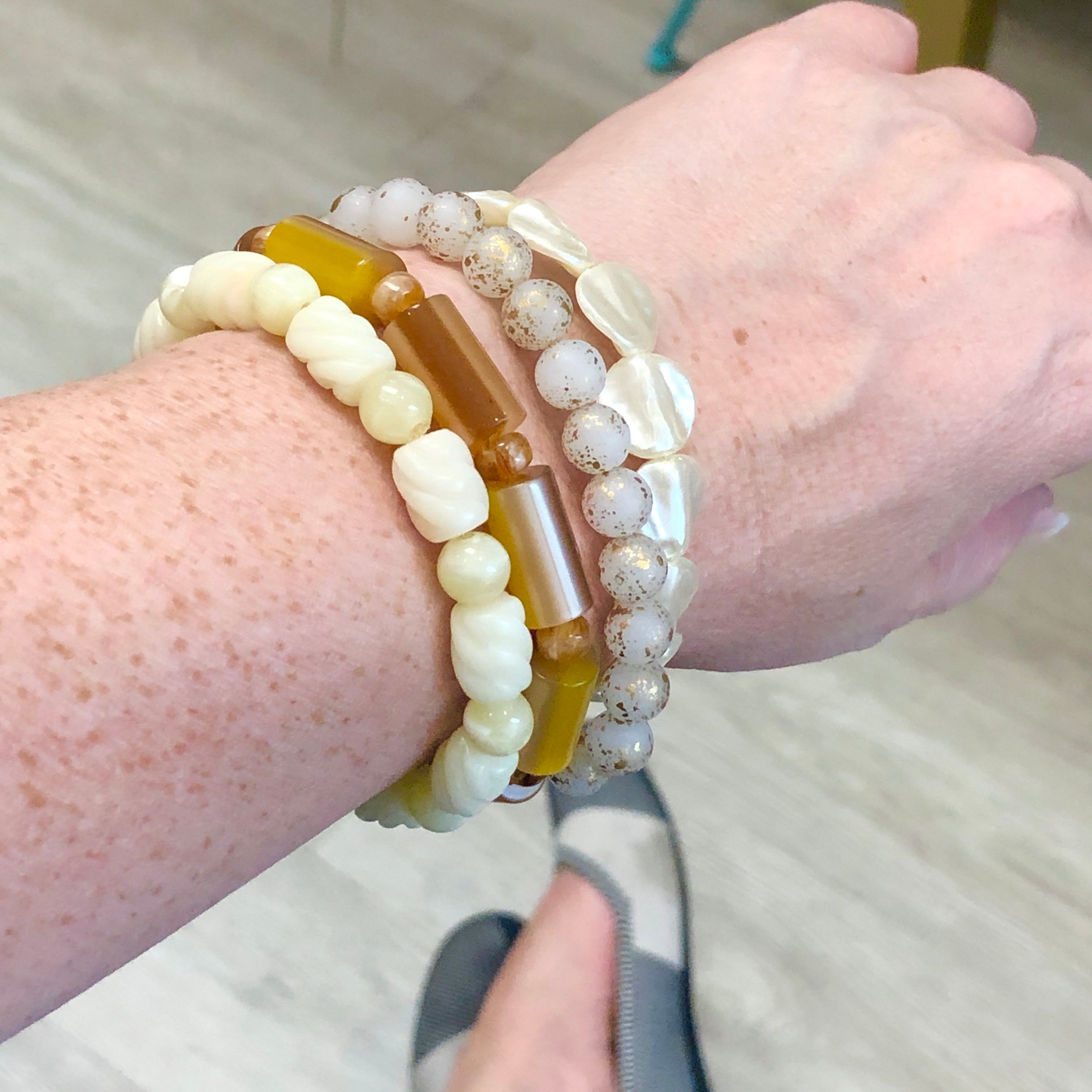 Gilded Spatter & Pearls Stack and Stretch Bracelet Set