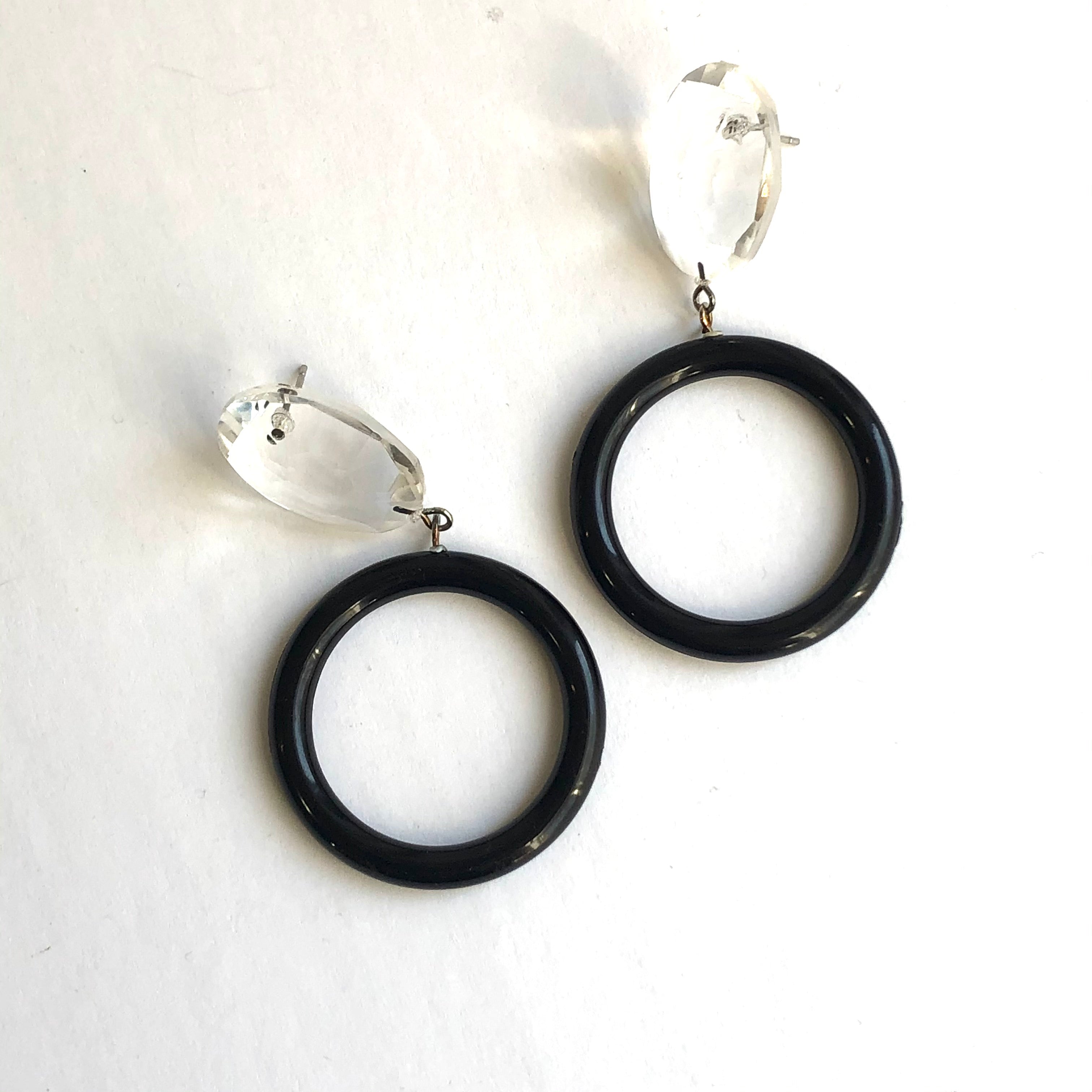 Clear Faceted Bling & Black Donut Drop Earrings
