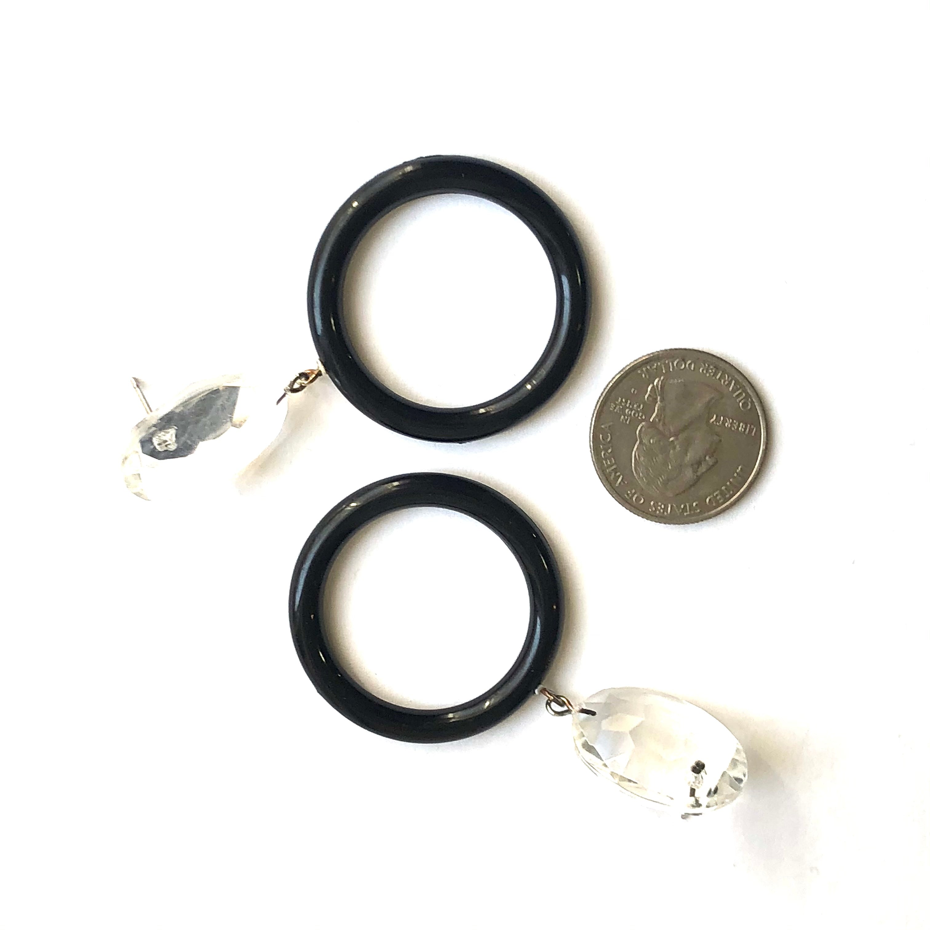 Clear Faceted Bling & Black Donut Drop Earrings