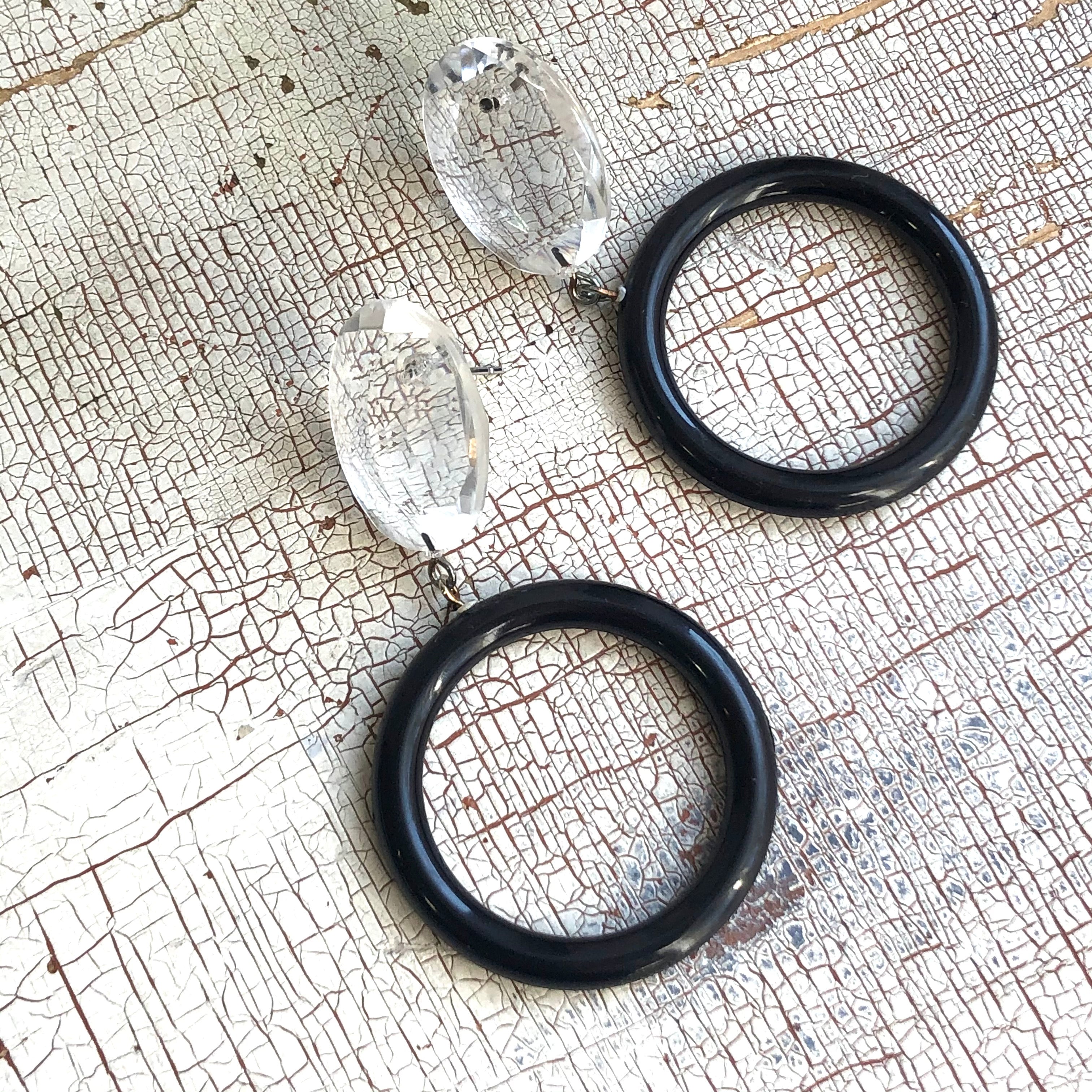 Clear Faceted Bling & Black Donut Drop Earrings