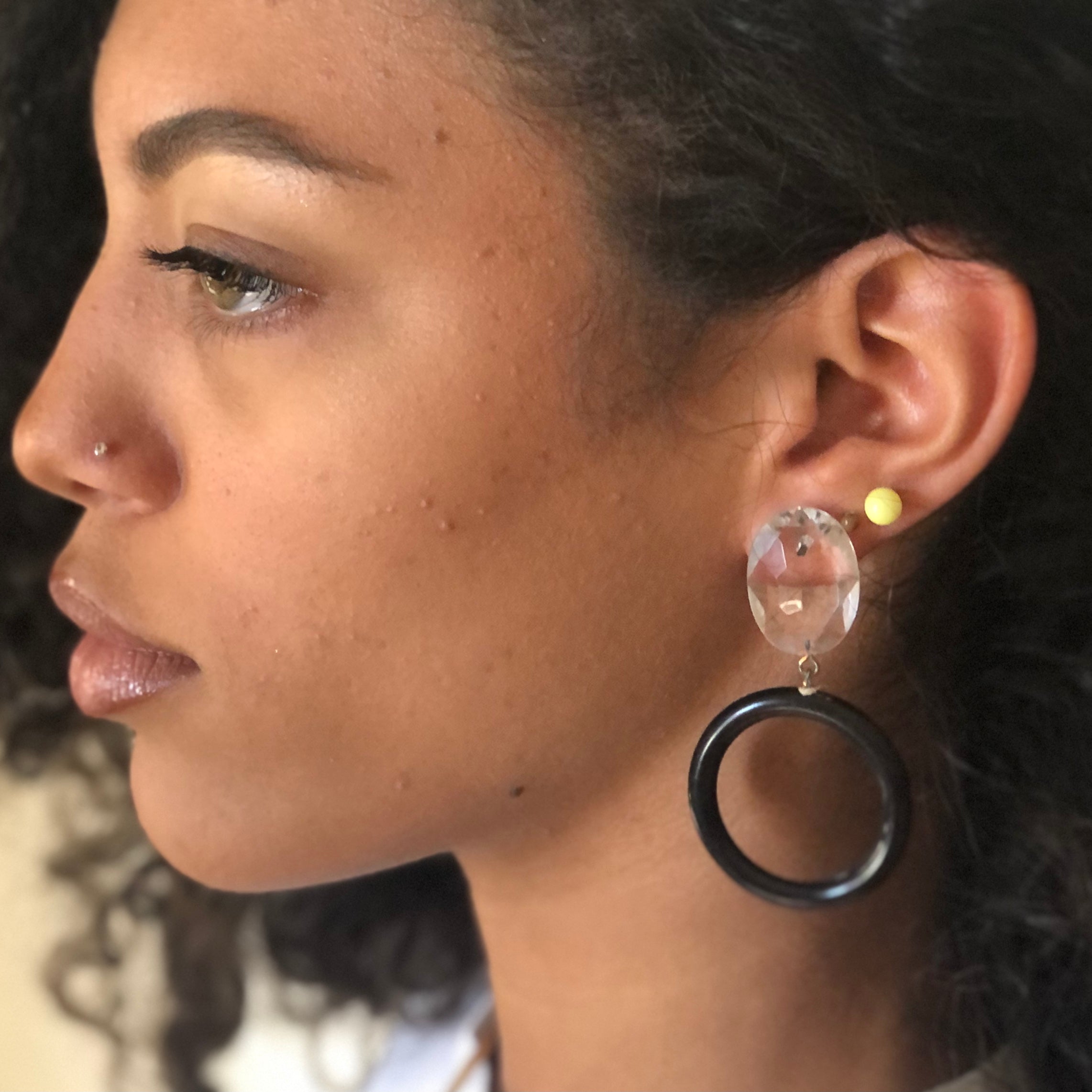 Clear Faceted Bling & Black Donut Drop Earrings