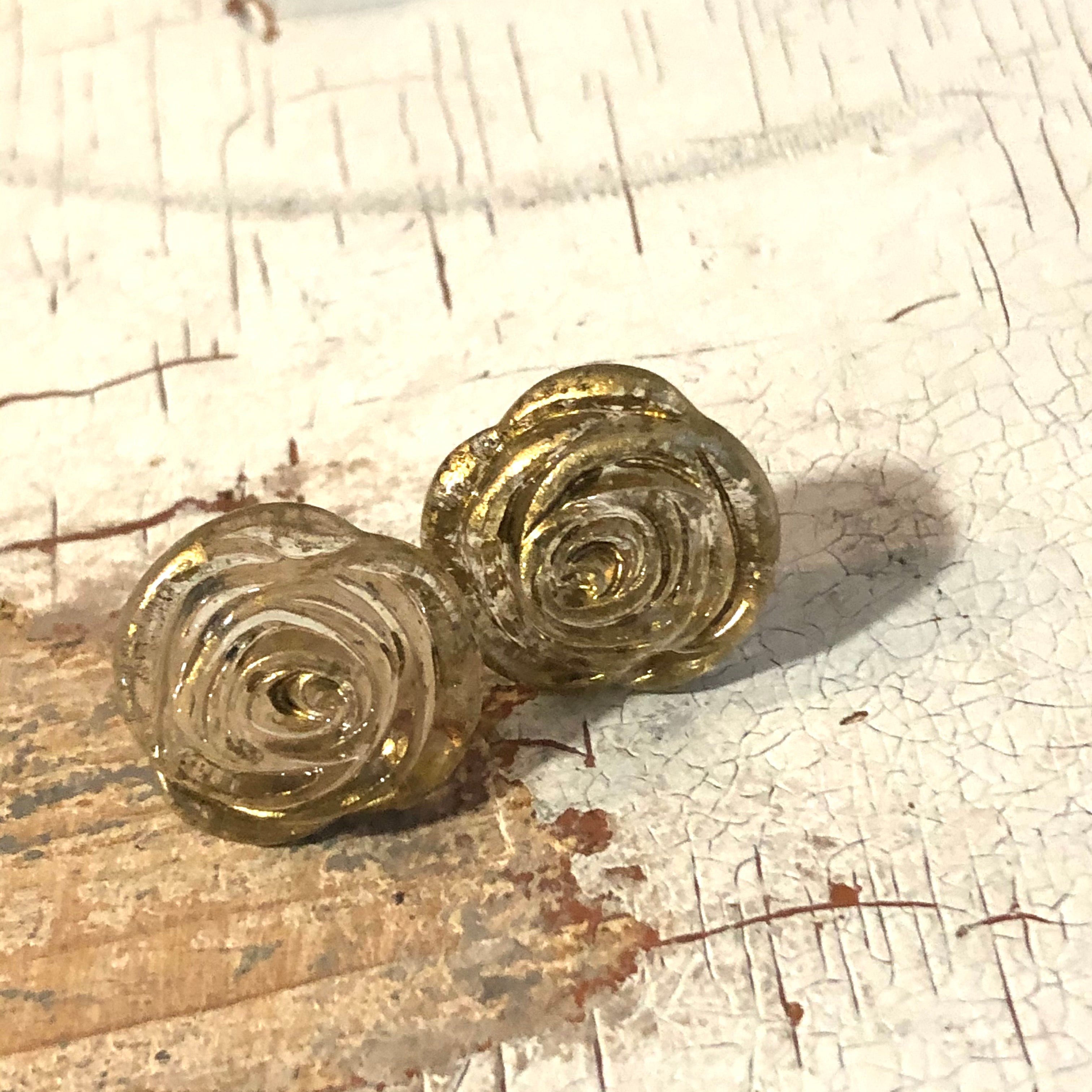 Gold Mercury Lucite Carved Floral Rose Stud Earrings