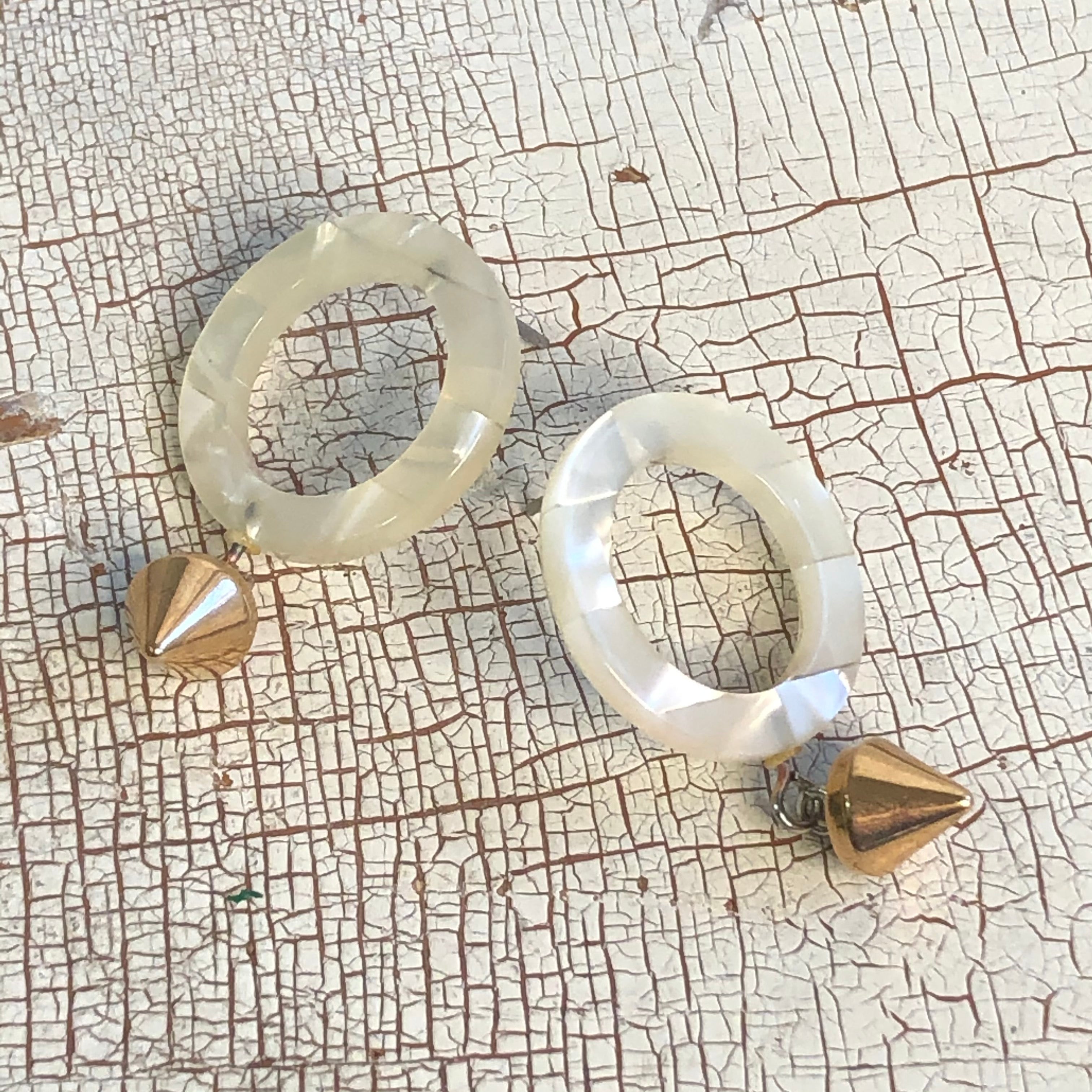 Gold Spike Drop & Shell Quilted Lucite Donut Drop Earrings