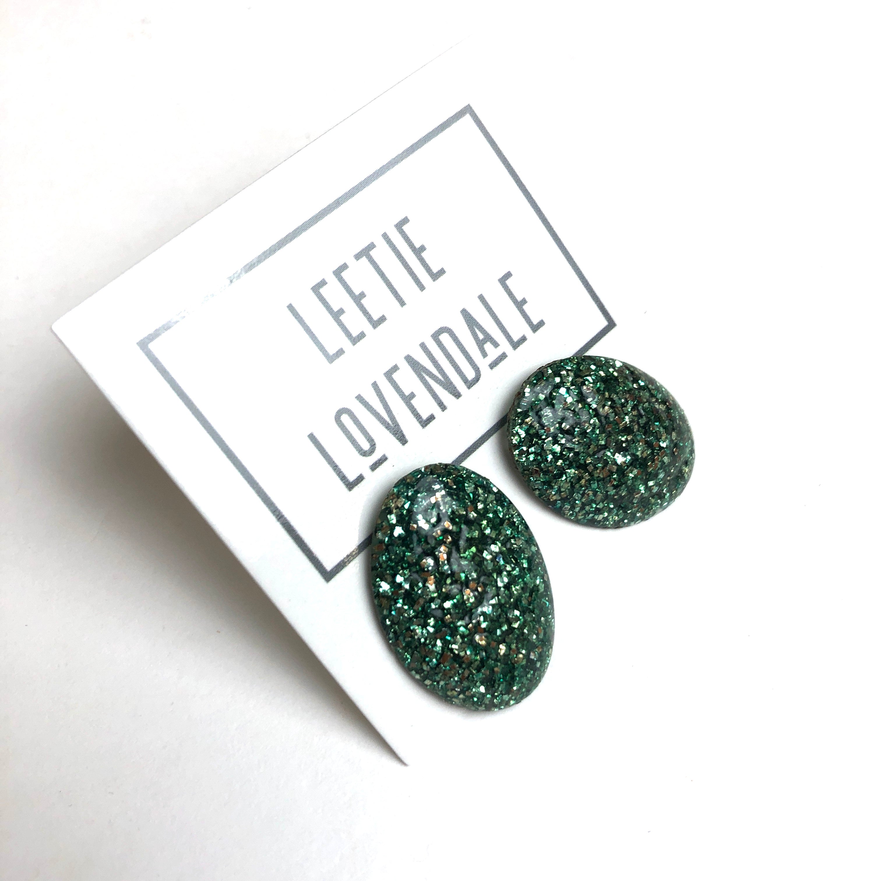 Green Silver Glitter Oval Button Studs *As Is