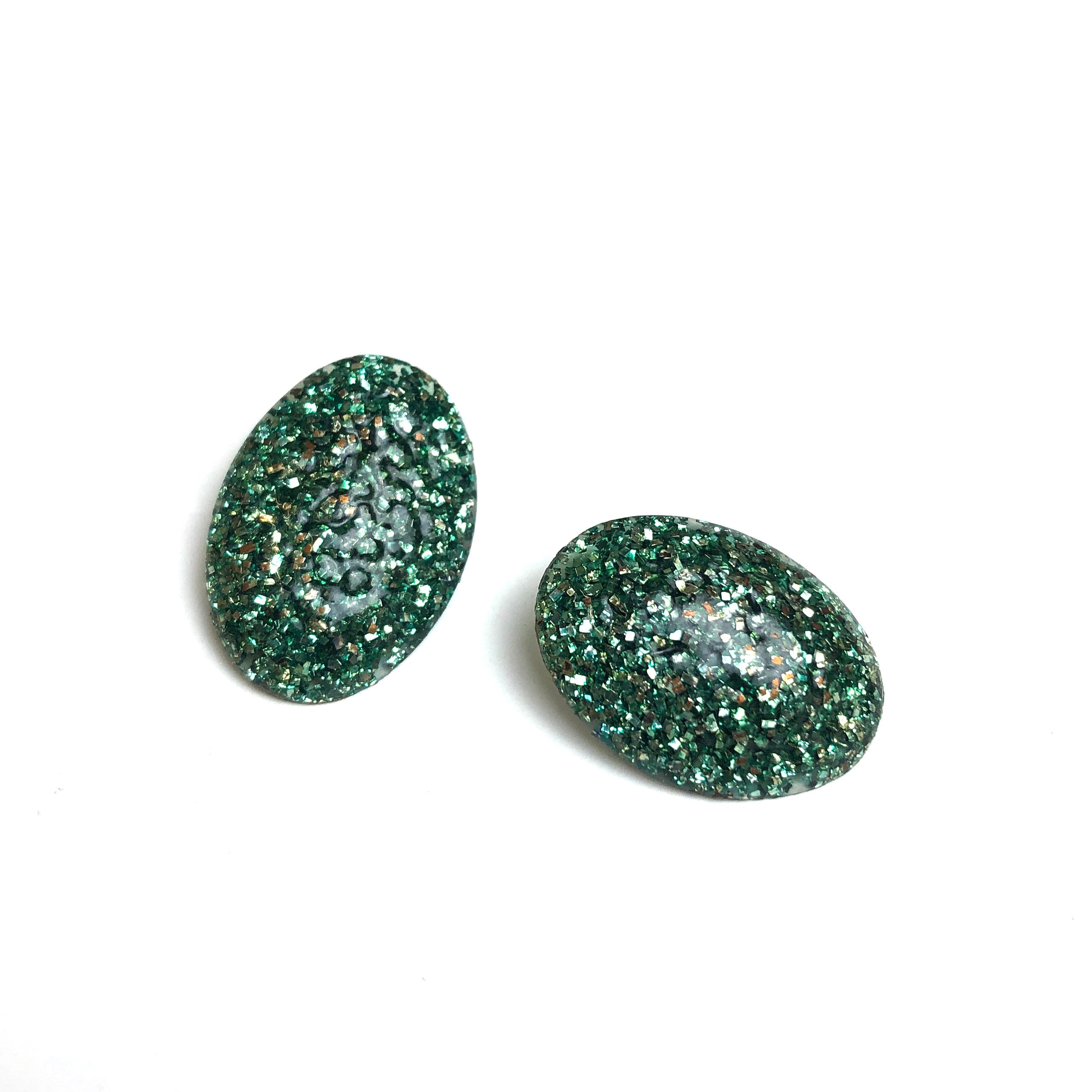 Green Silver Glitter Oval Button Studs *As Is