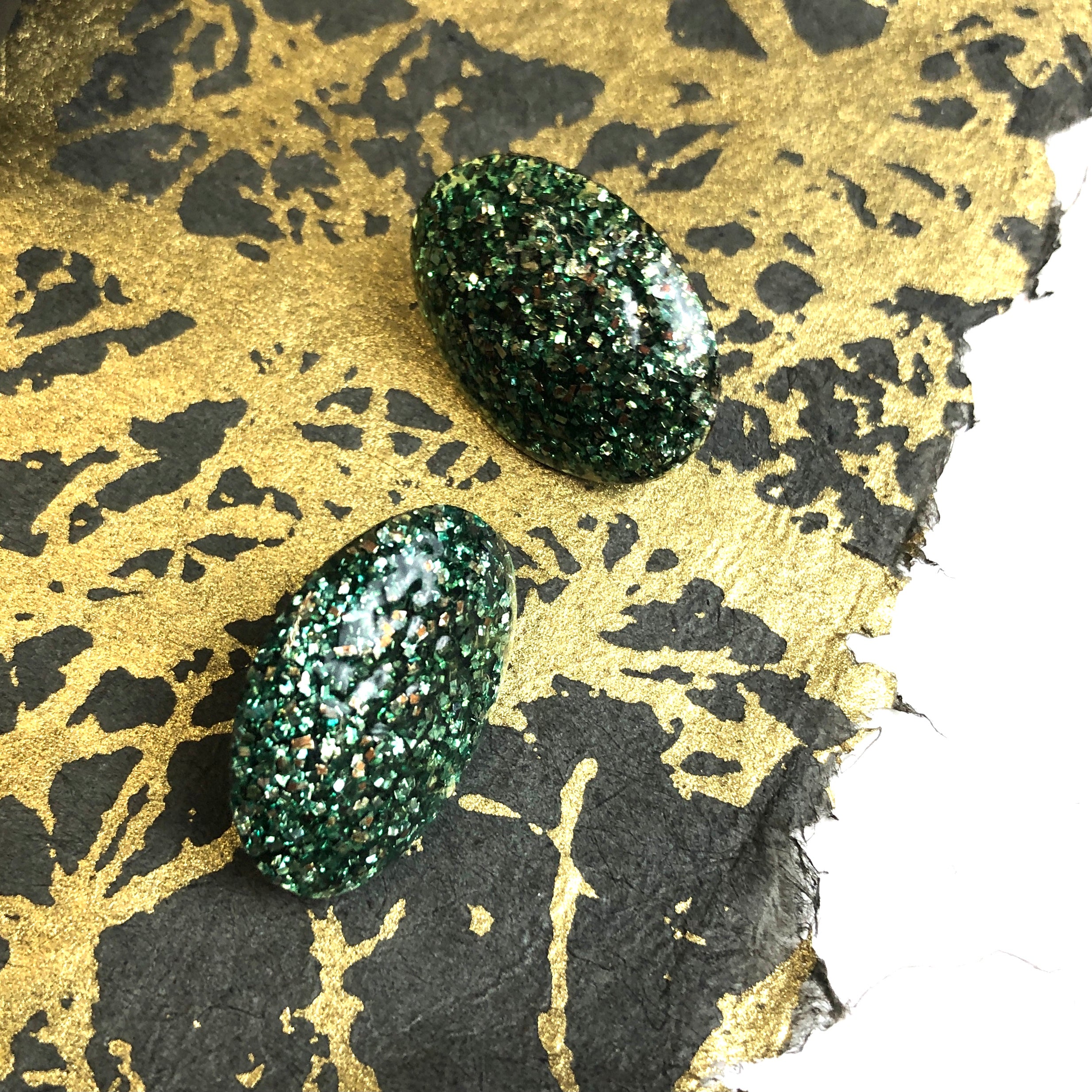 Green Silver Glitter Oval Button Studs *As Is