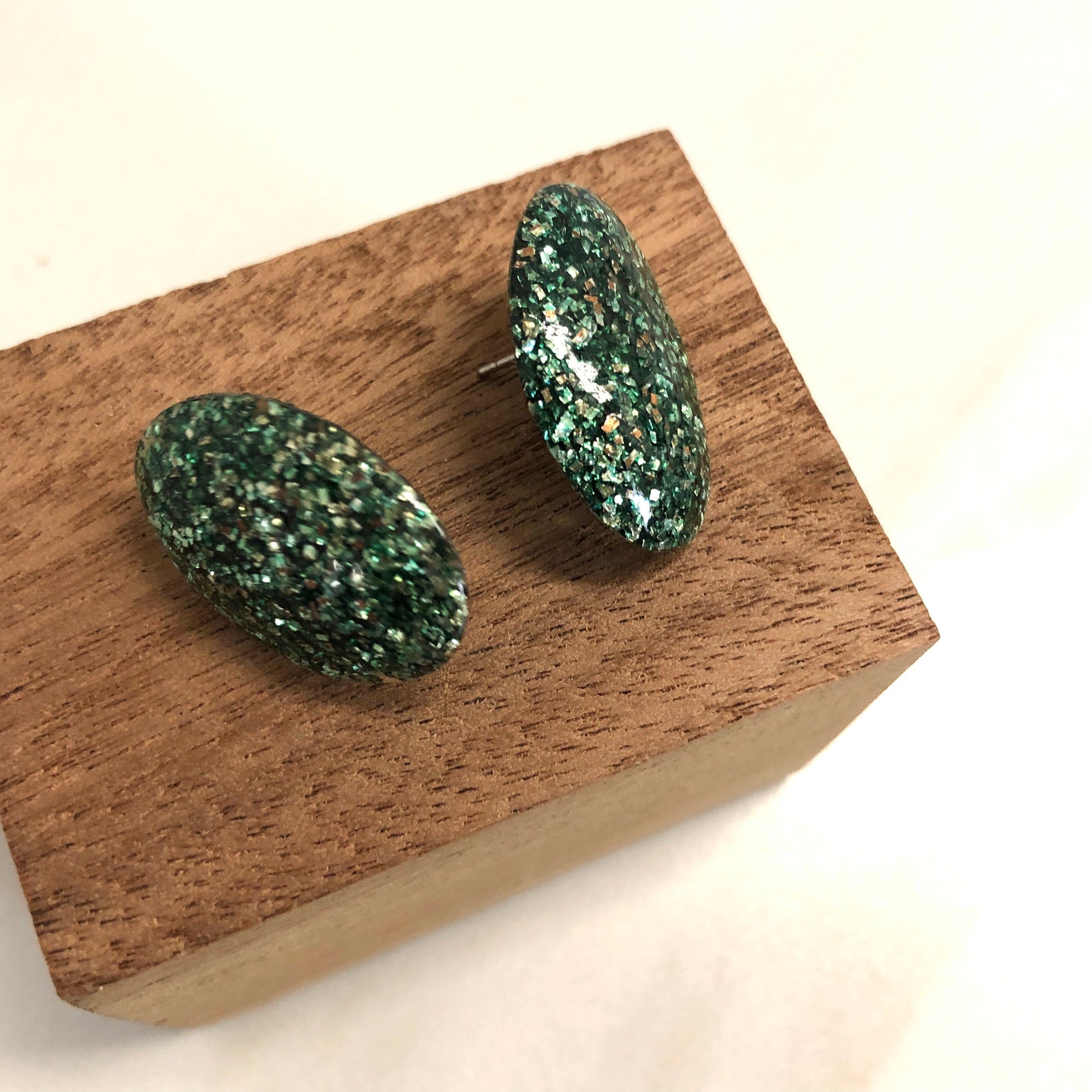 Green Silver Glitter Oval Button Studs *As Is