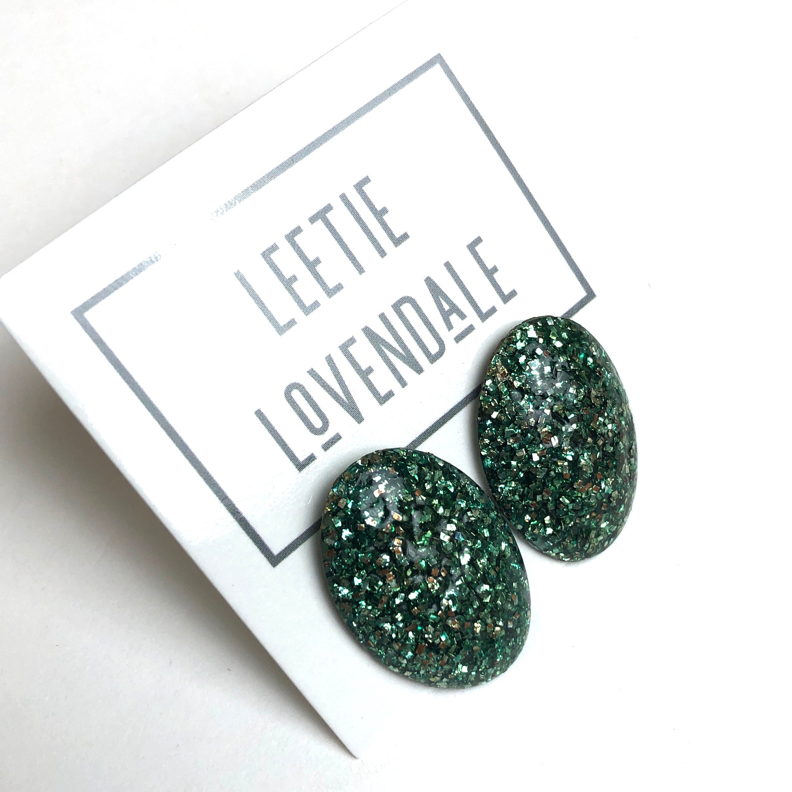Green Silver Glitter Oval Button Studs *As Is