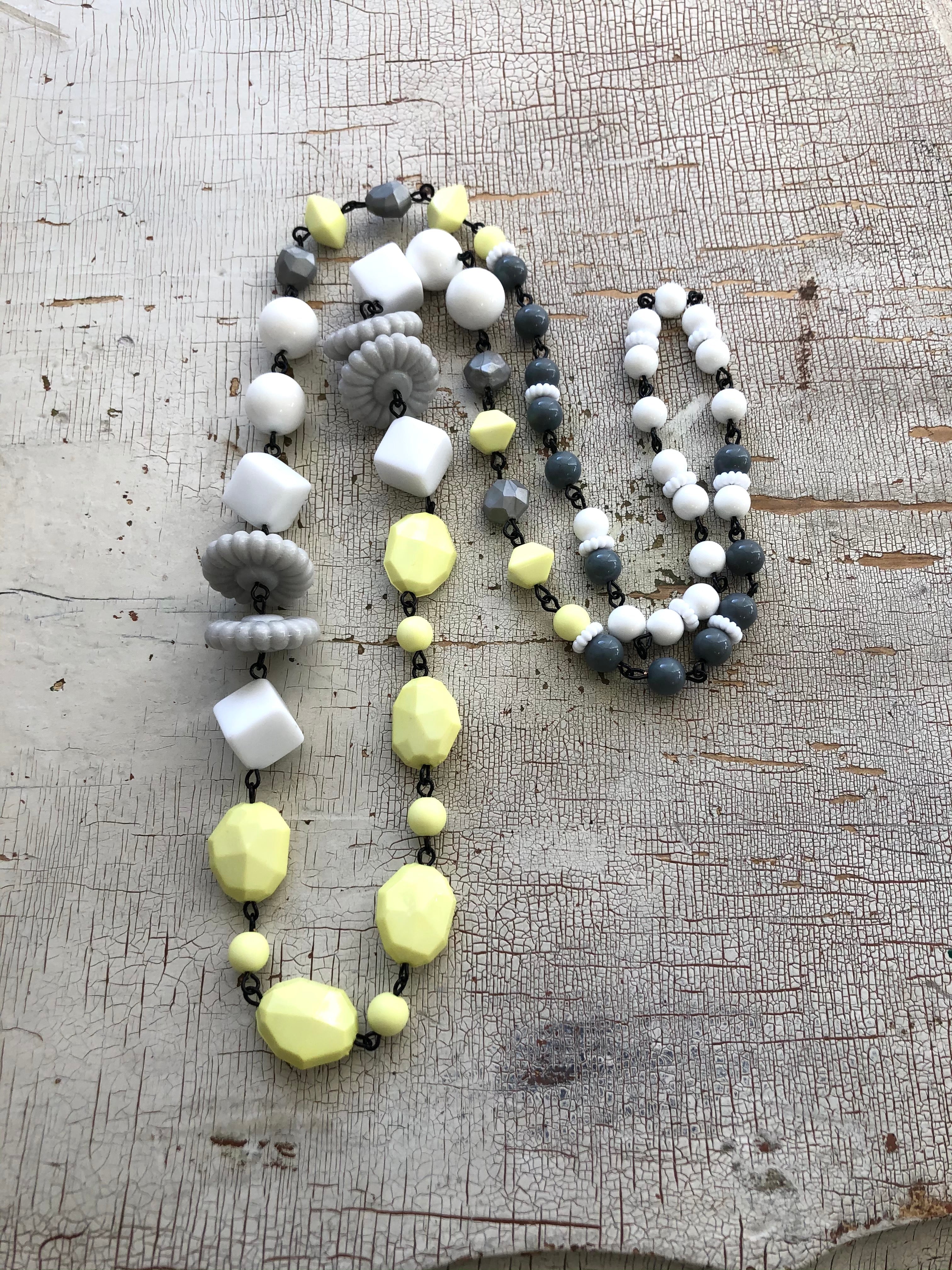 Neon Yellow & Grey Beaded Rosary Chain Rope Necklace