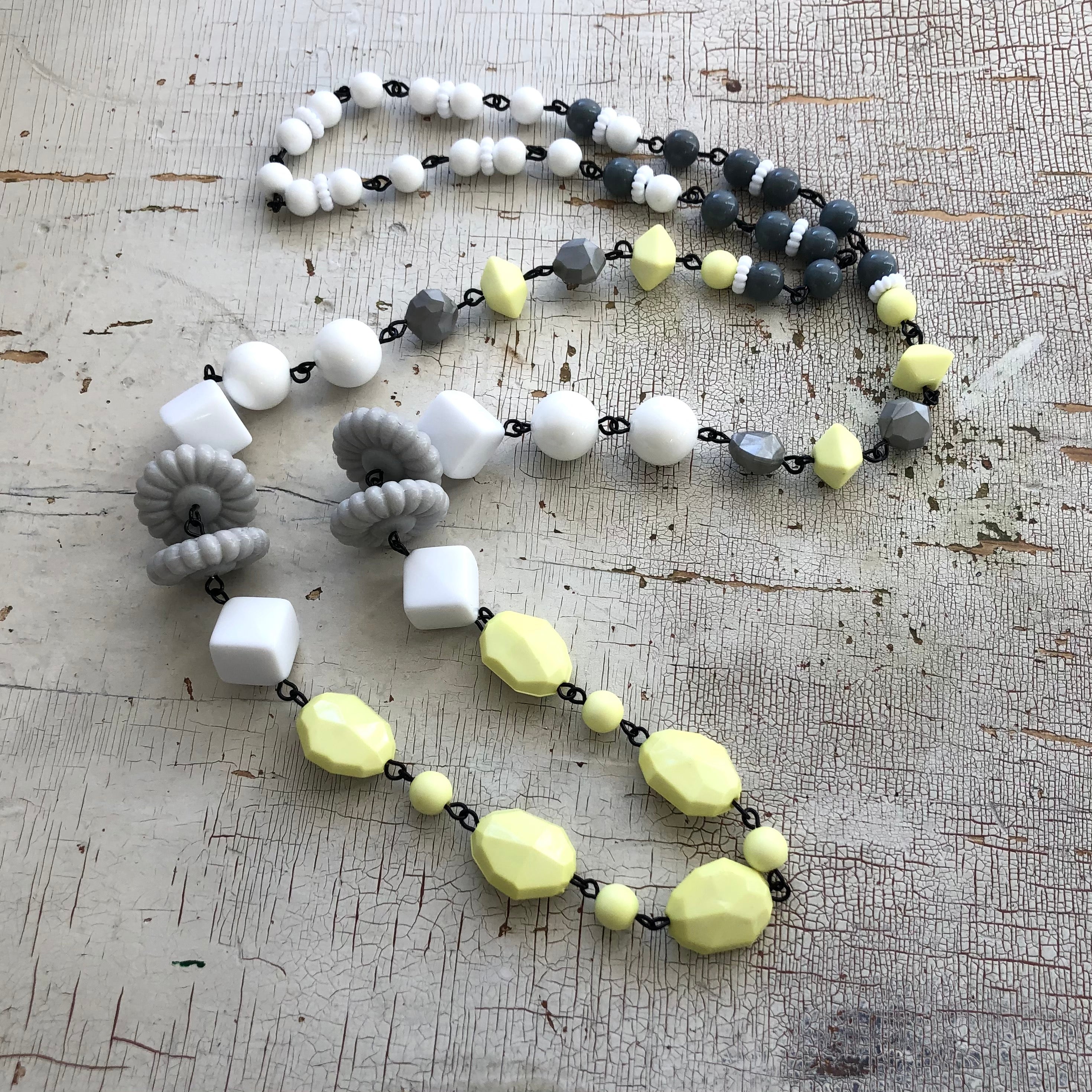 Neon Yellow & Grey Beaded Rosary Chain Rope Necklace