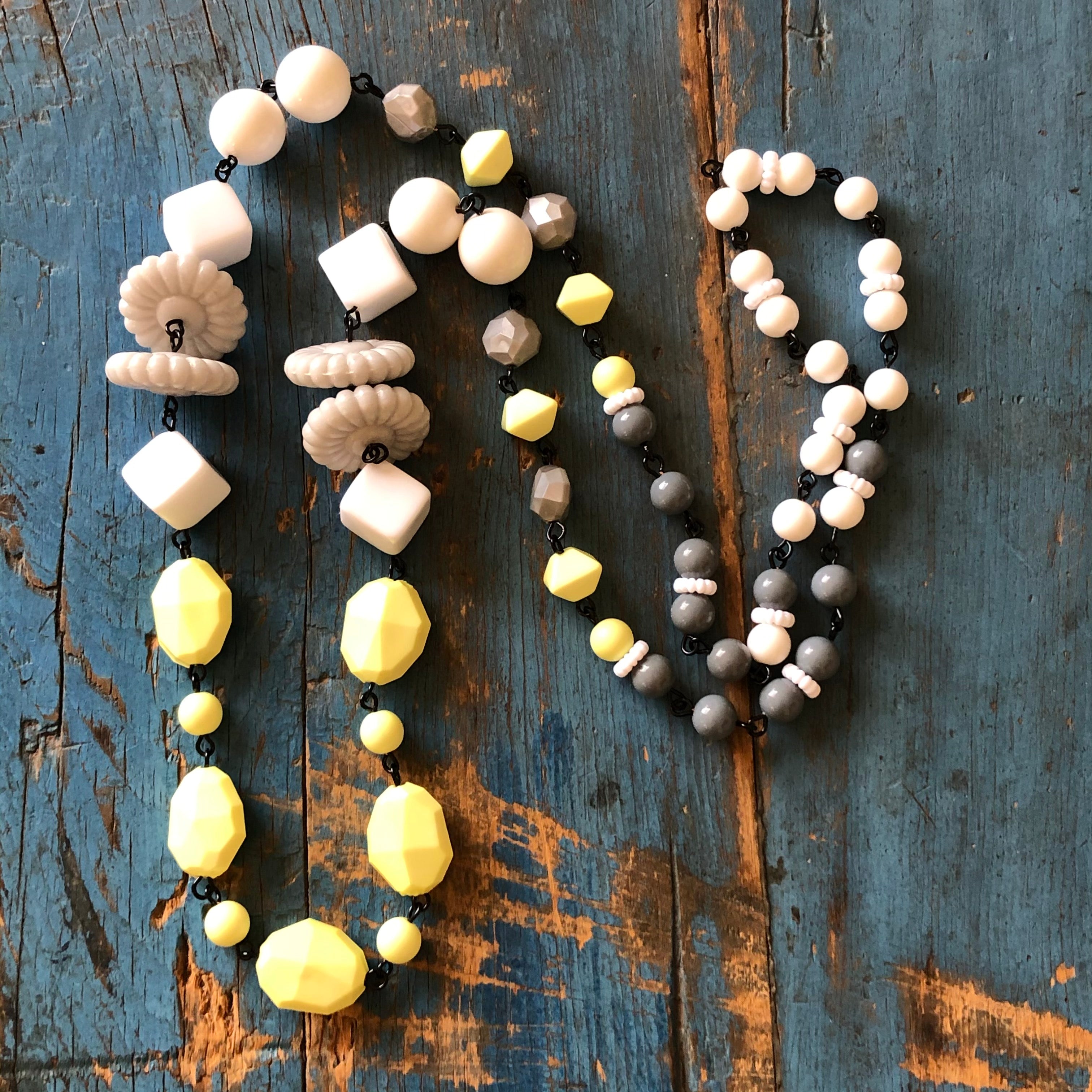 Neon Yellow & Grey Beaded Rosary Chain Rope Necklace