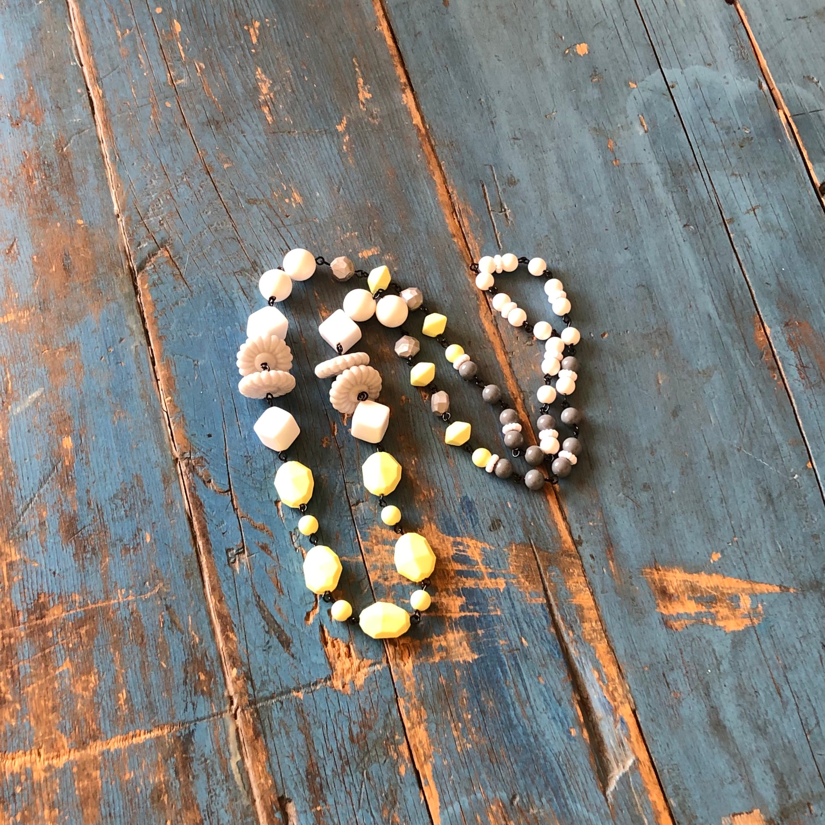 Neon Yellow & Grey Beaded Rosary Chain Rope Necklace