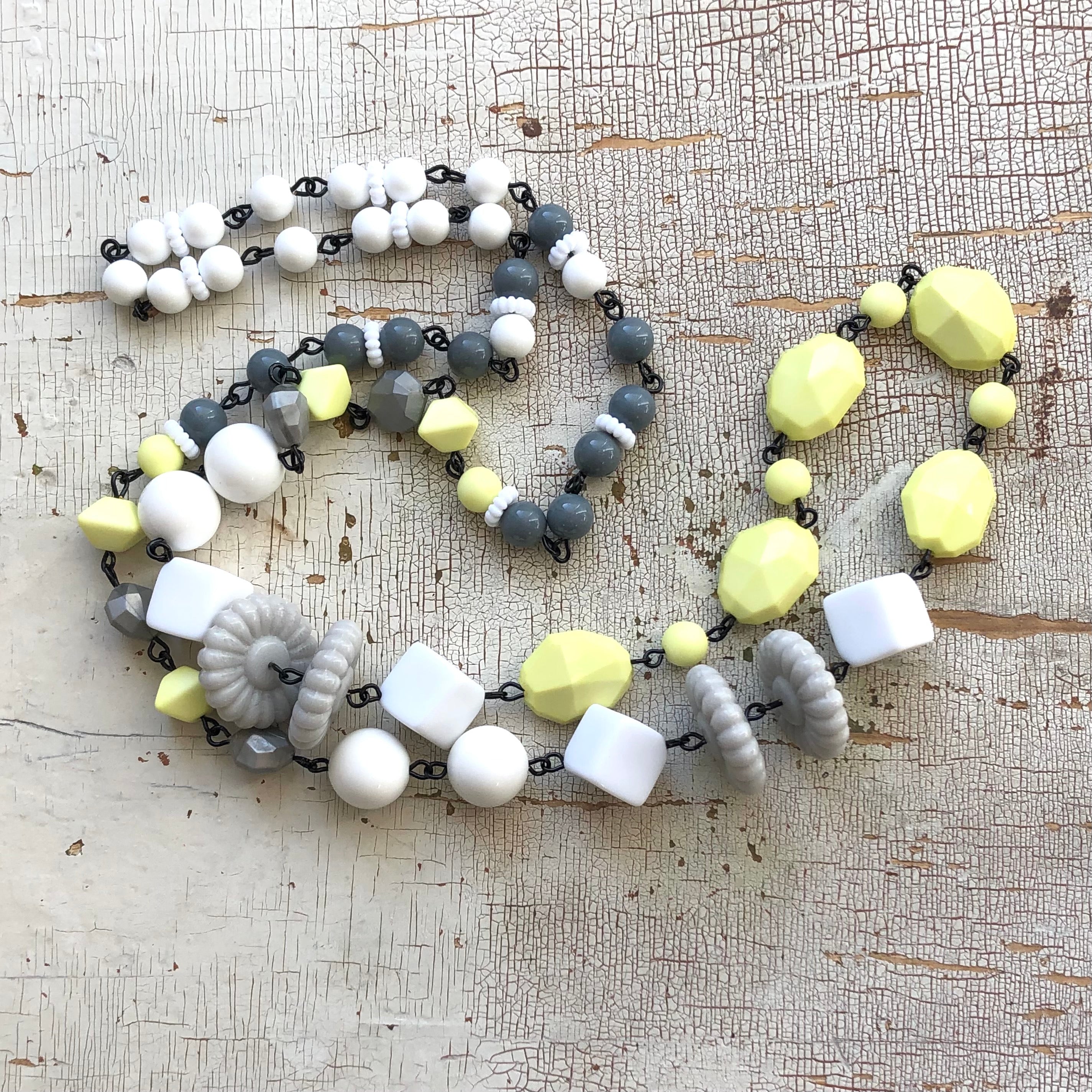 Neon Yellow & Grey Beaded Rosary Chain Rope Necklace