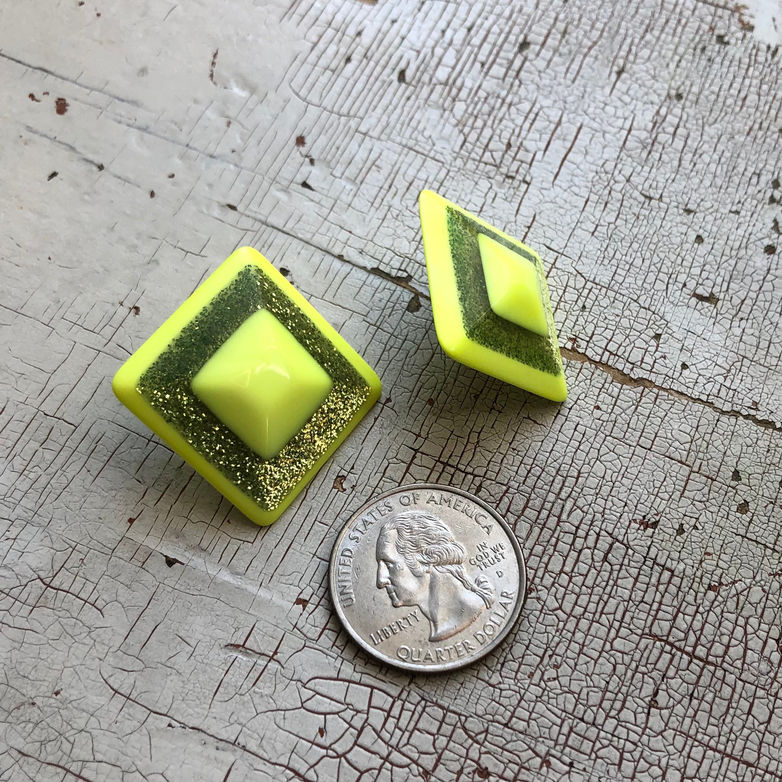 Neon Yellow Sparkle Square Stud Earrings