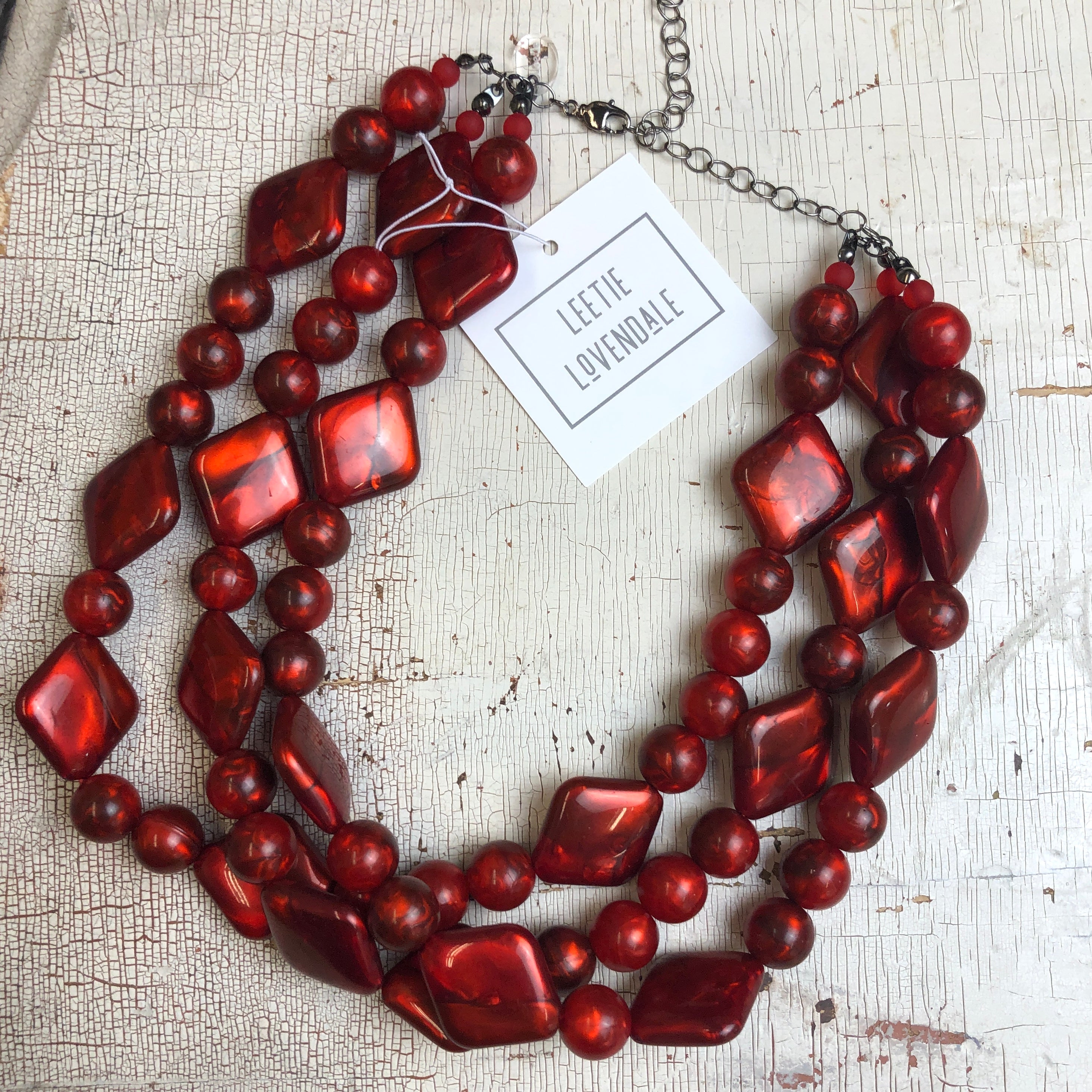 Deep Red with Diamonds Aura Glow Beaded Morgan Necklace