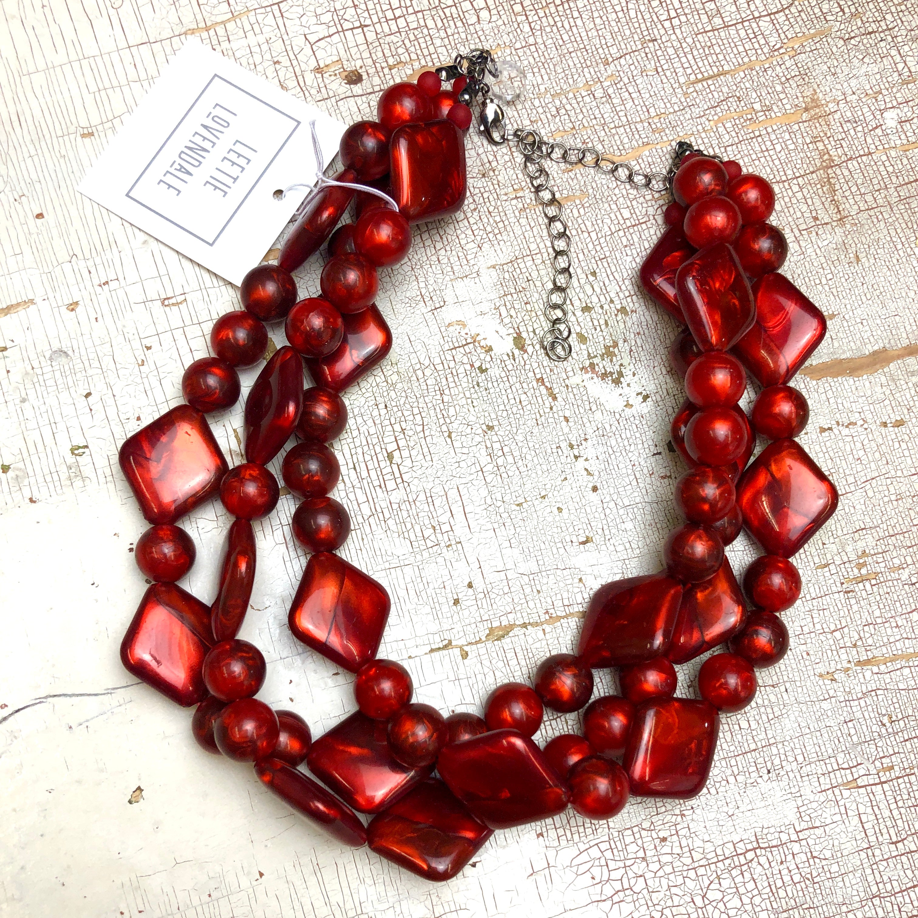 Deep Red with Diamonds Aura Glow Beaded Morgan Necklace