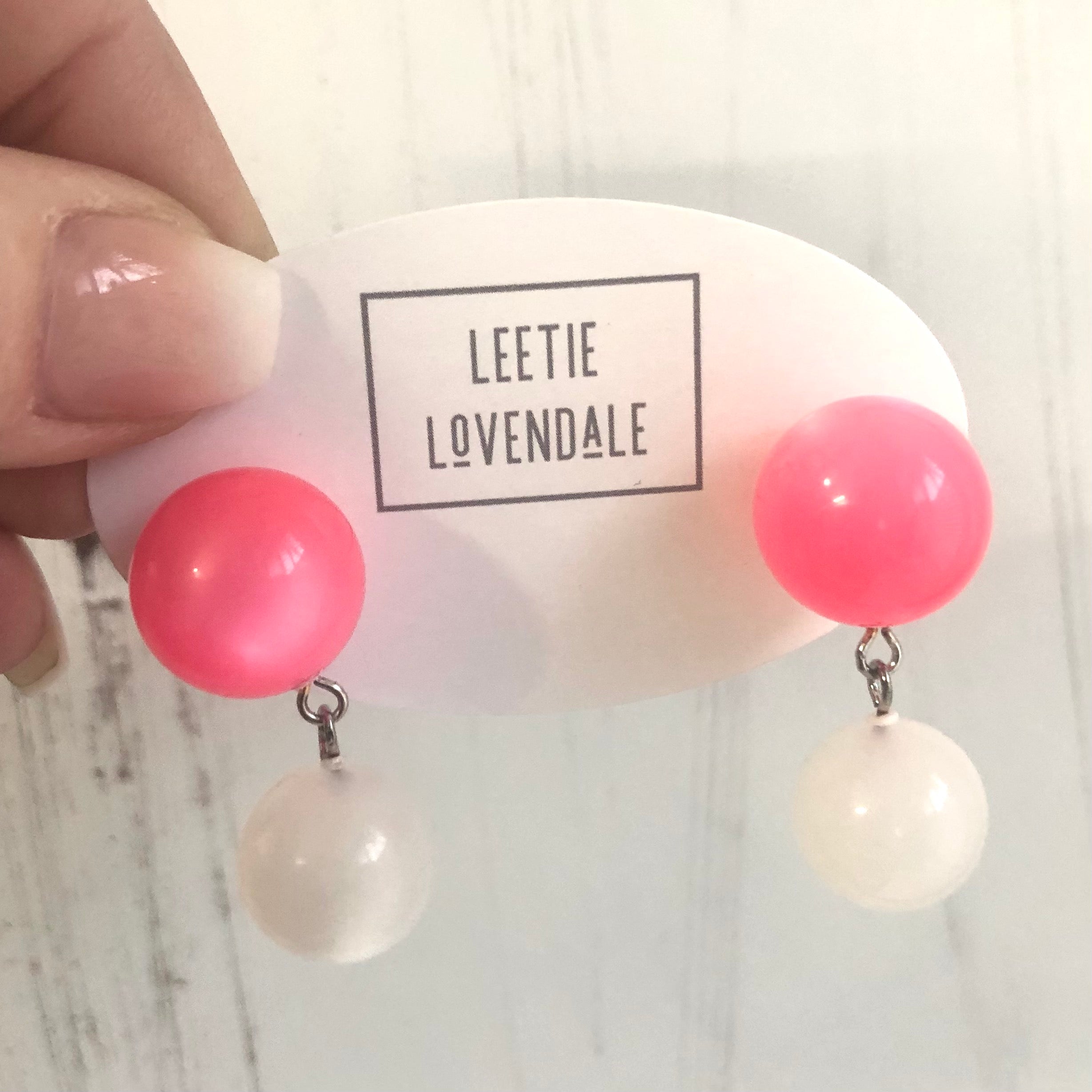 Neon Pink & White Moonglow Lollipop Lucite Drop Earrings
