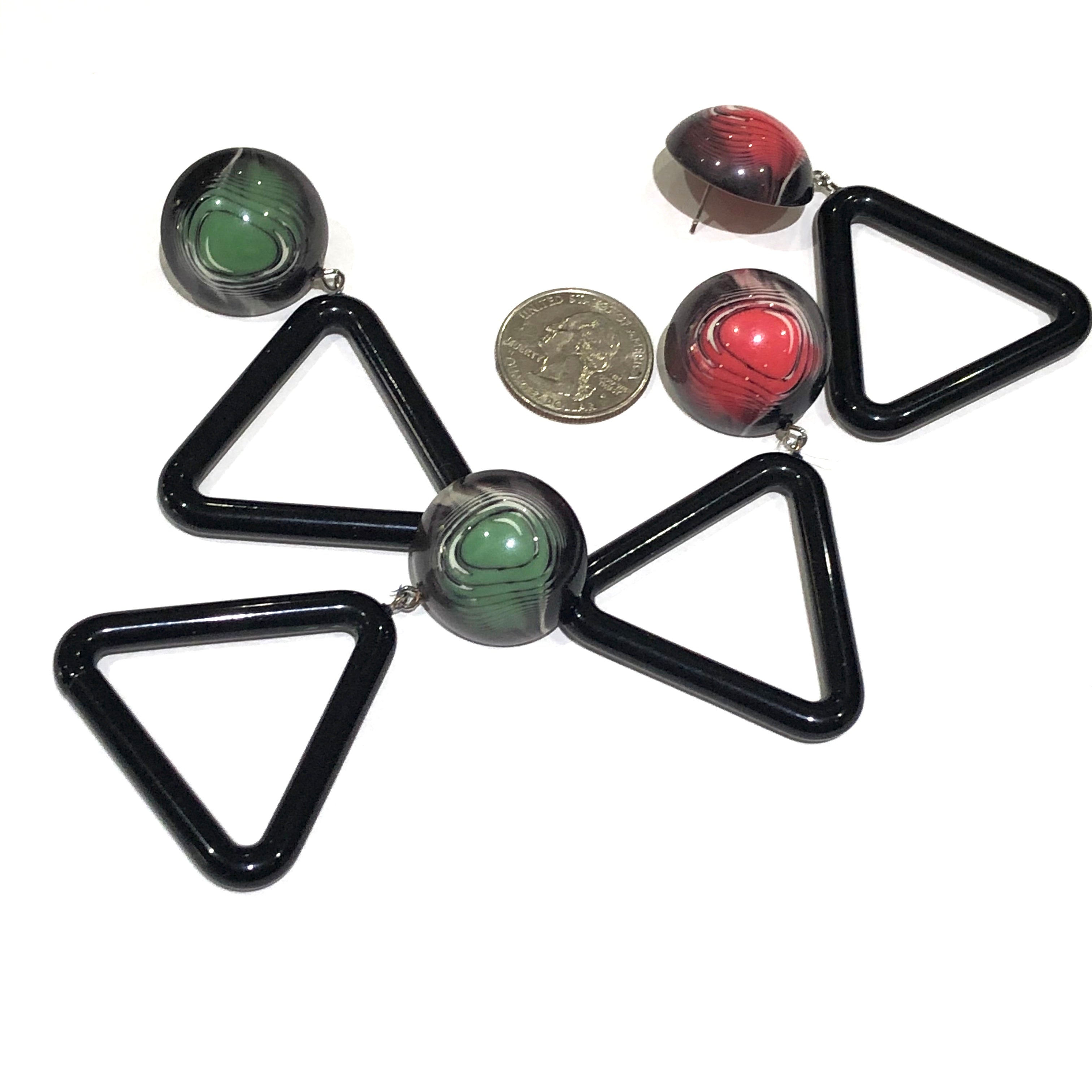 Moss Green & Black Agate Triangle Donut Drop Earrings *