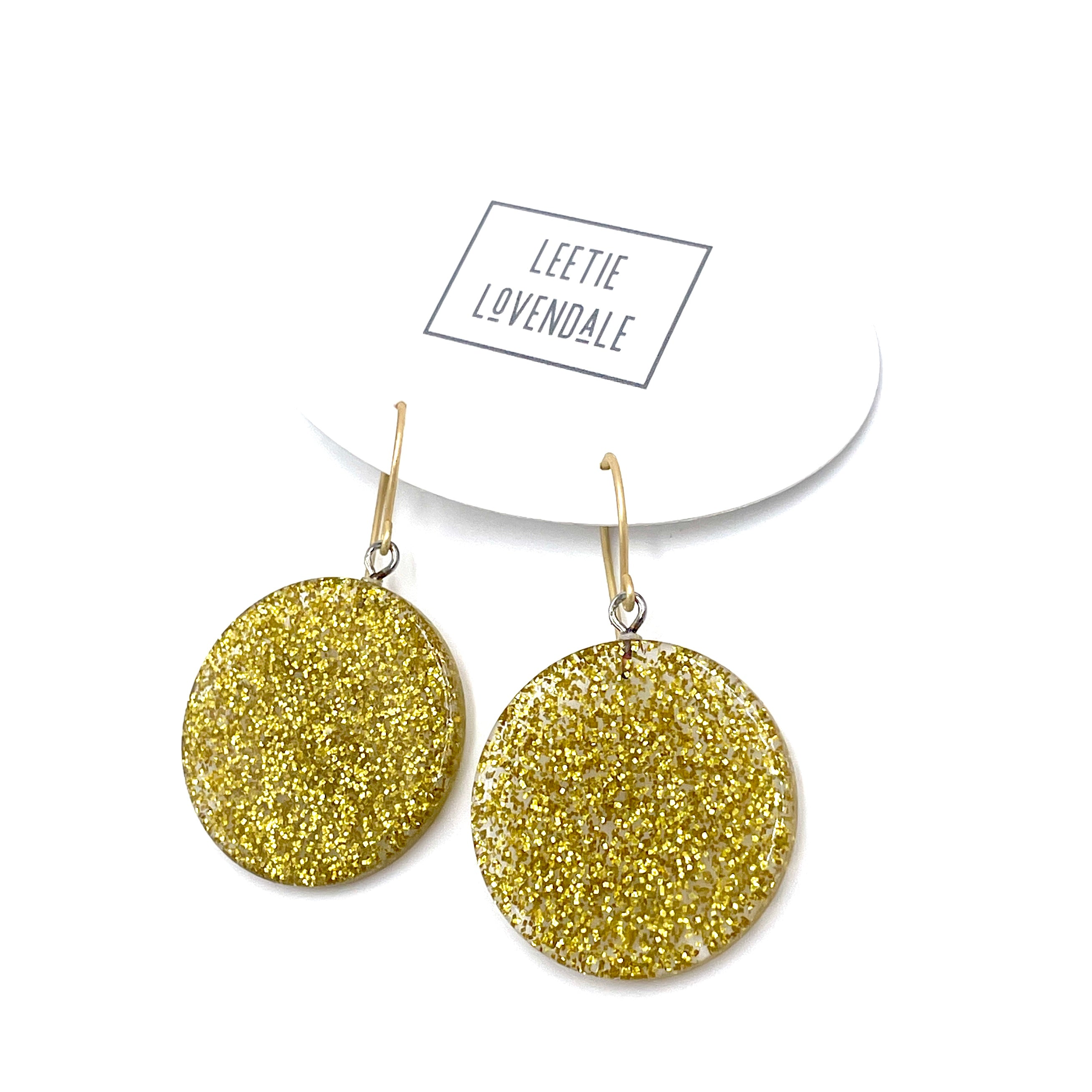 Gold and Clear Glitter Lucite Disc Drop Earrings