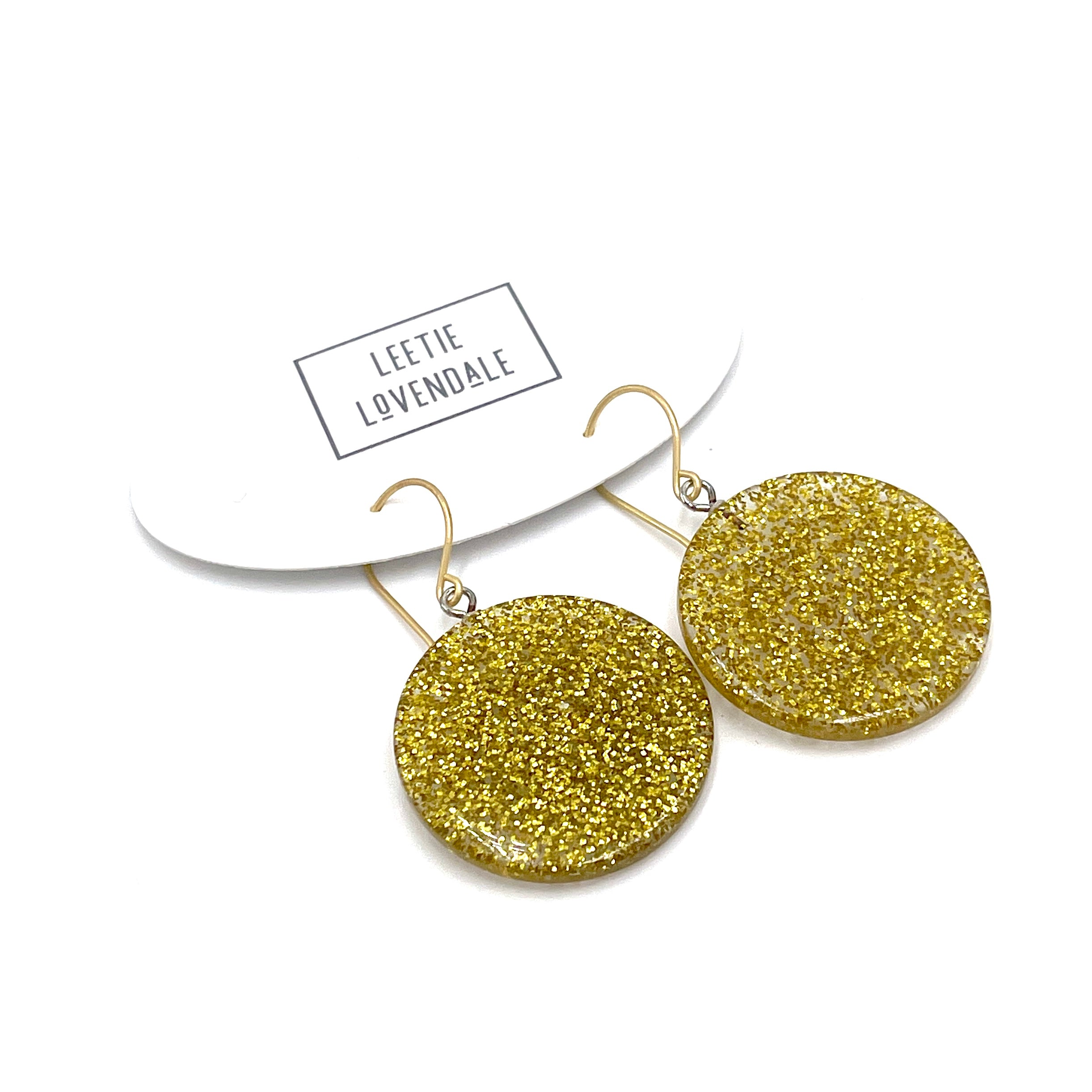 Gold and Clear Glitter Lucite Disc Drop Earrings