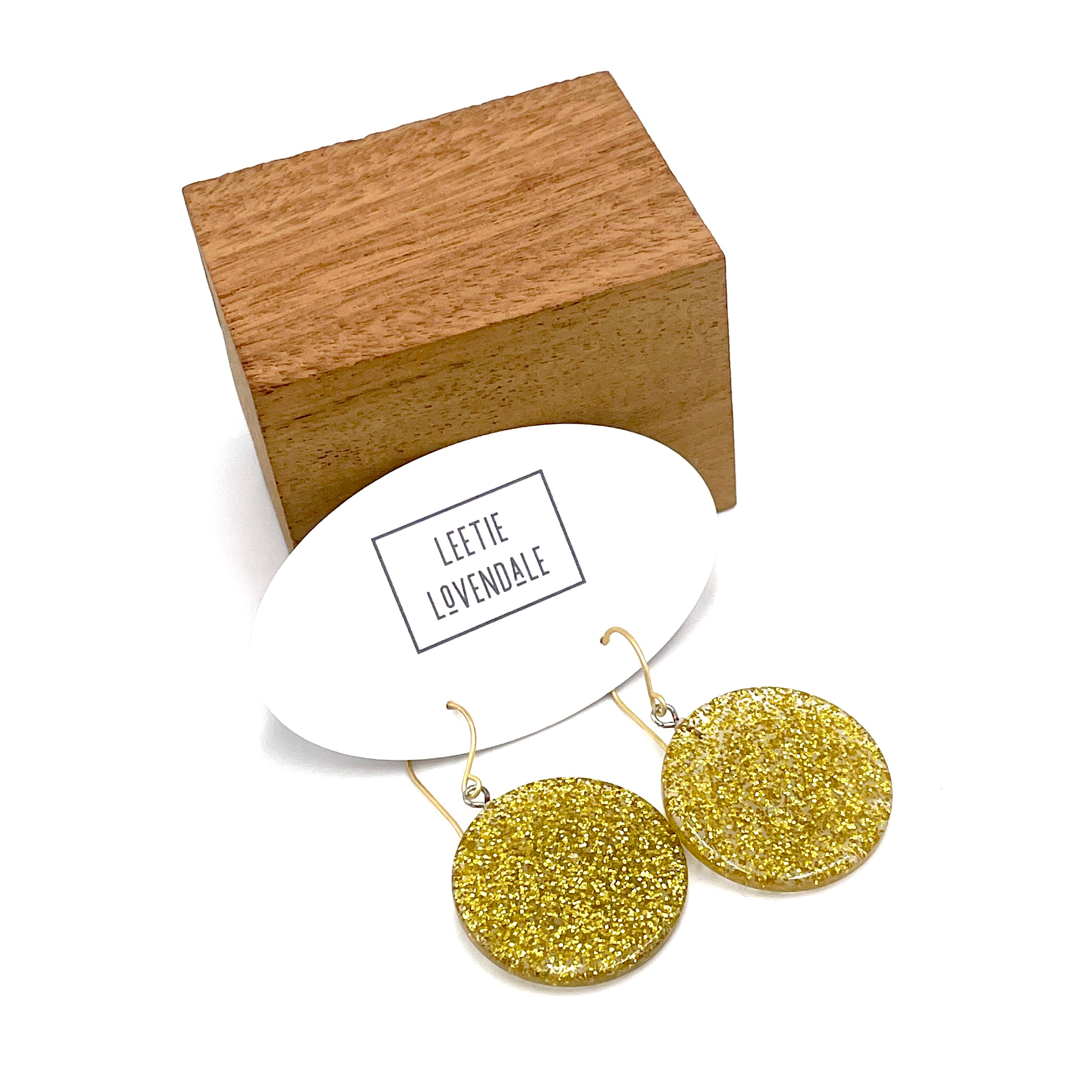 Gold and Clear Glitter Lucite Disc Drop Earrings