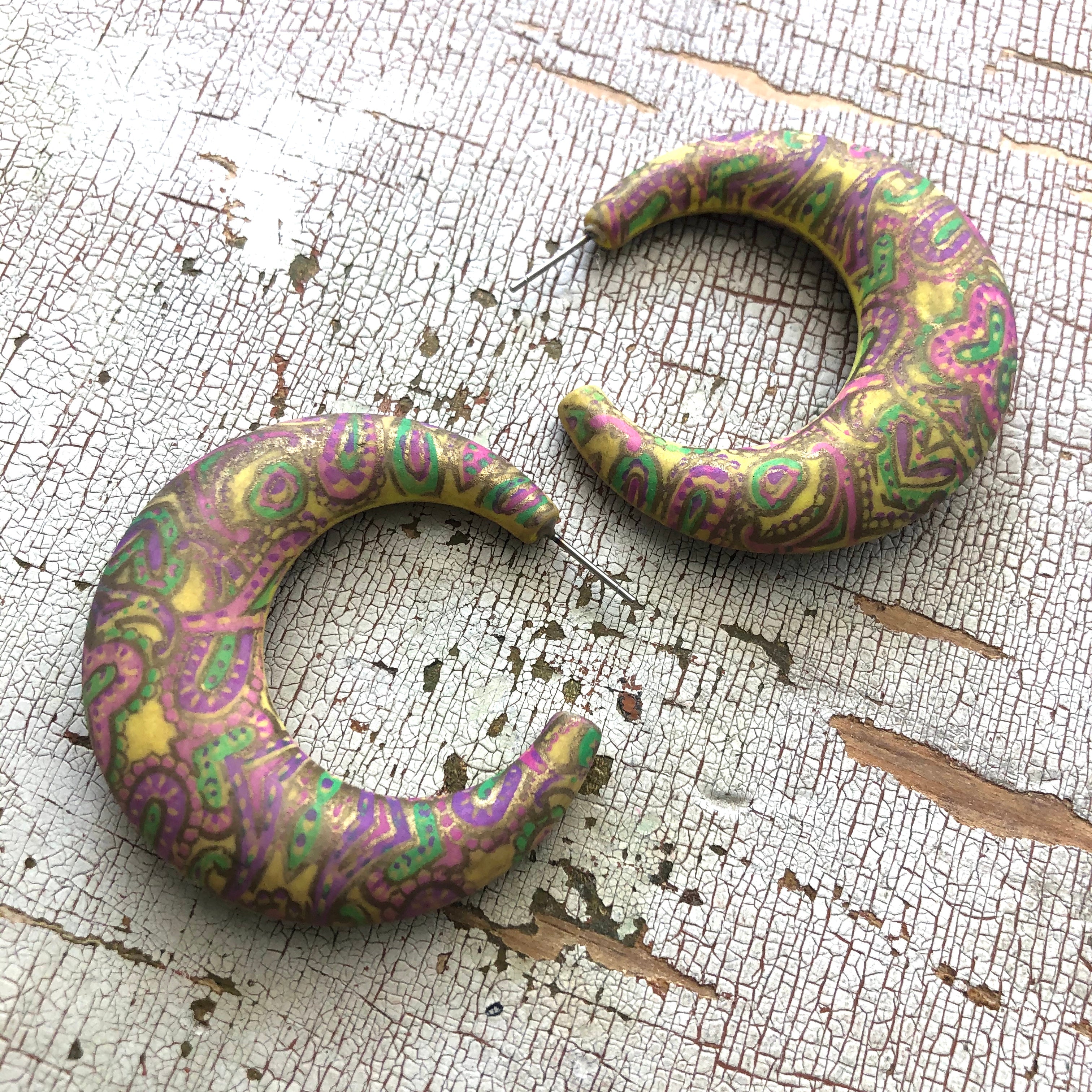 Mustard Yellow Paisley Decoupage Hoop Earrings