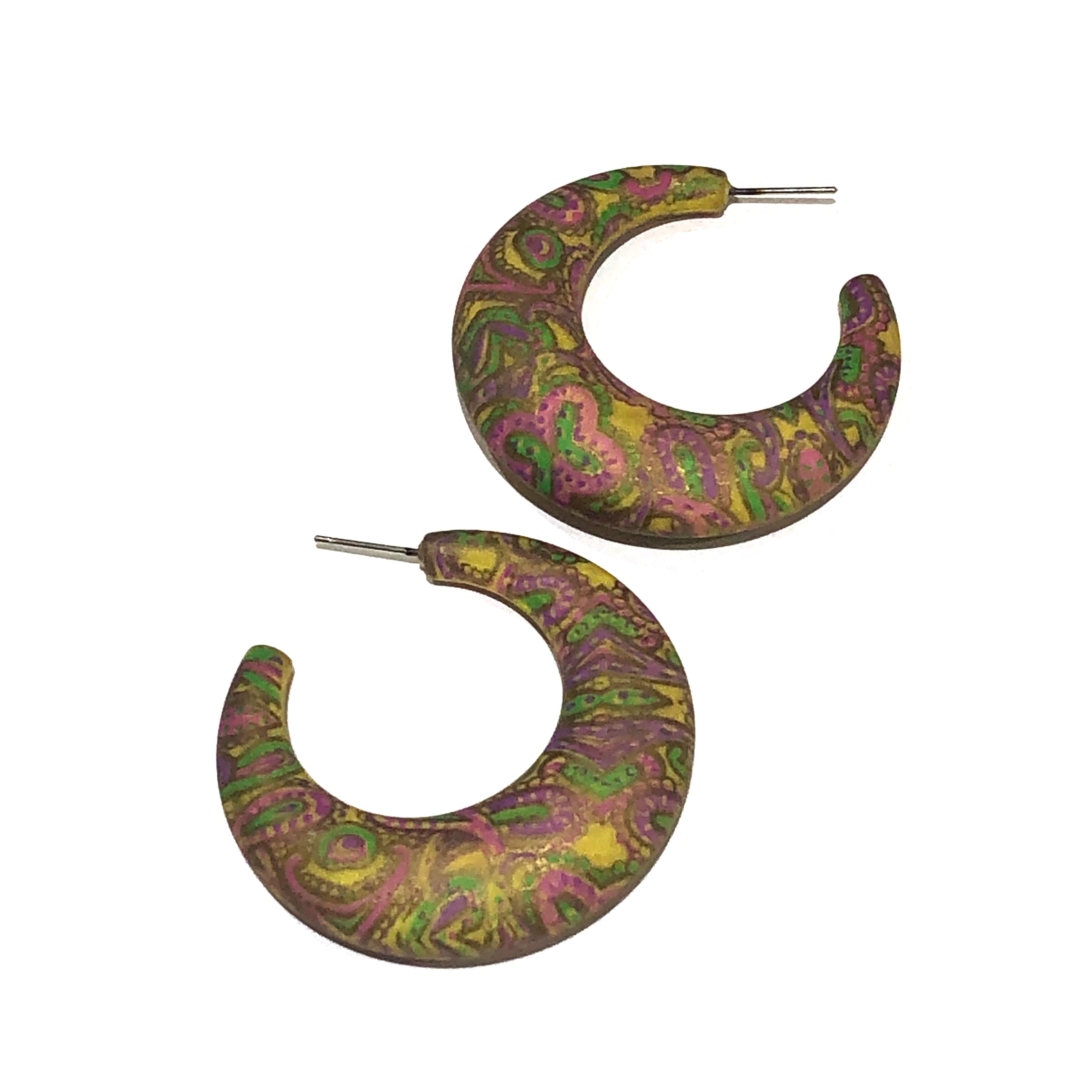 Mustard Yellow Paisley Decoupage Hoop Earrings