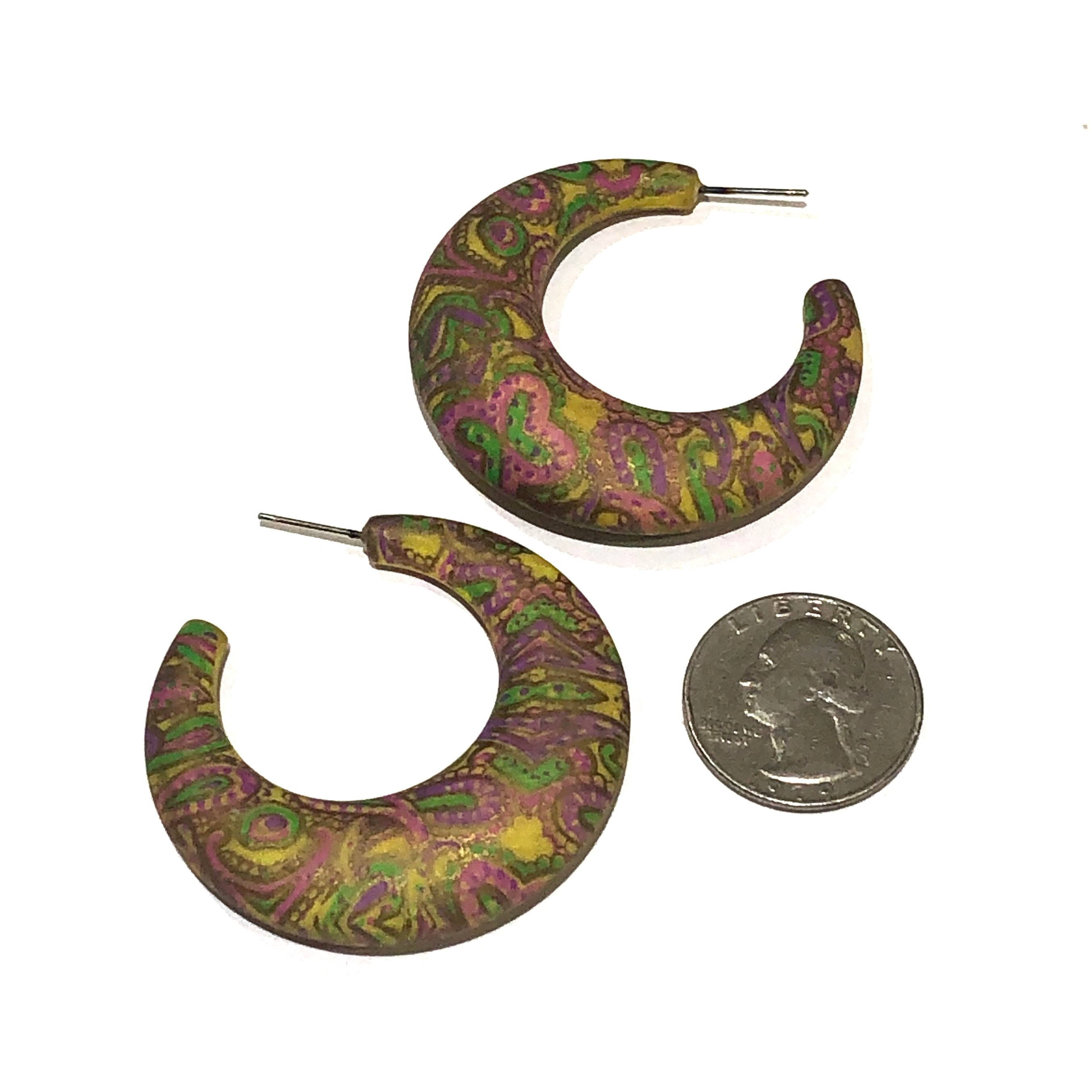 Mustard Yellow Paisley Decoupage Hoop Earrings