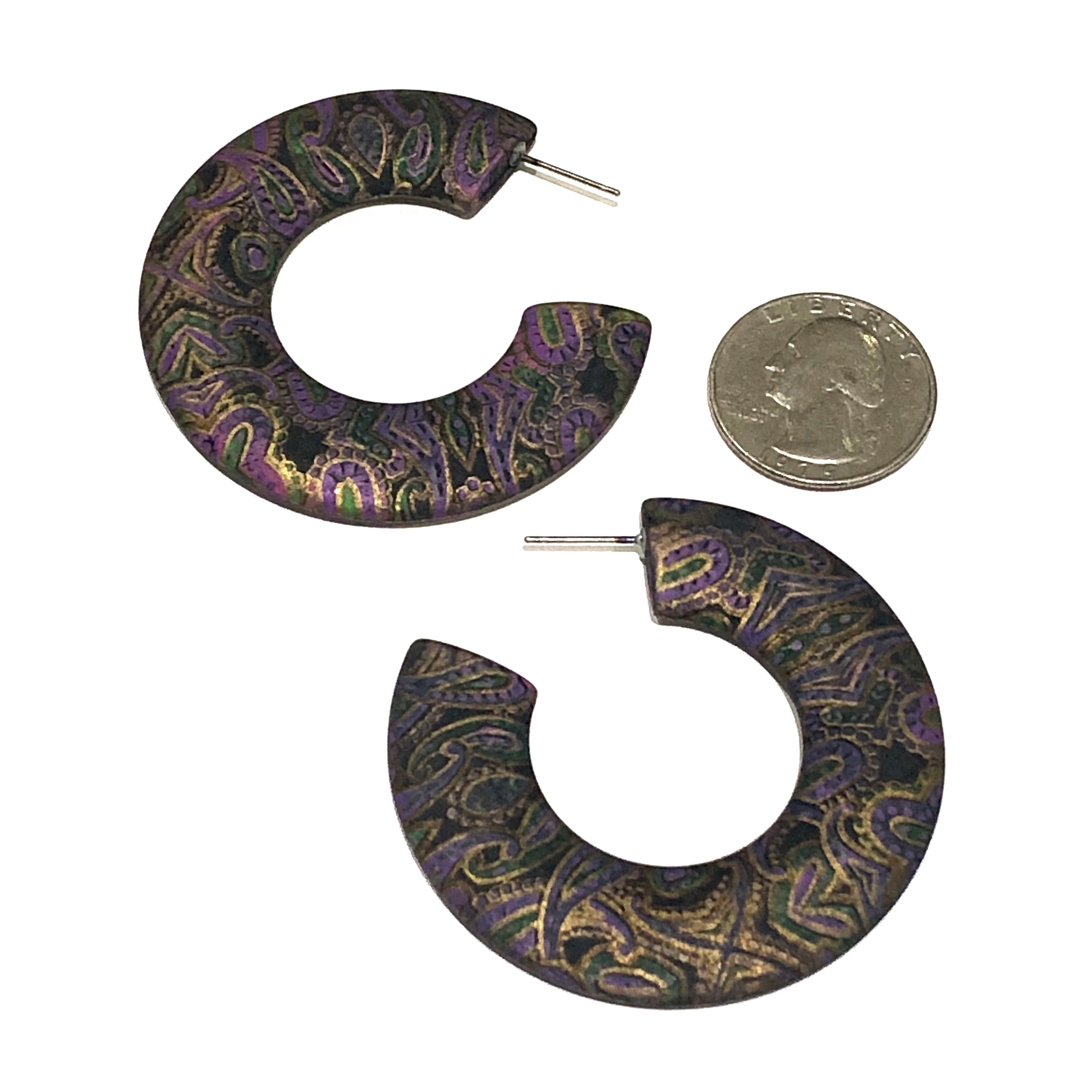 Black & Gold Paisley Pattern Decoupage Twiggy Hoop Earrings