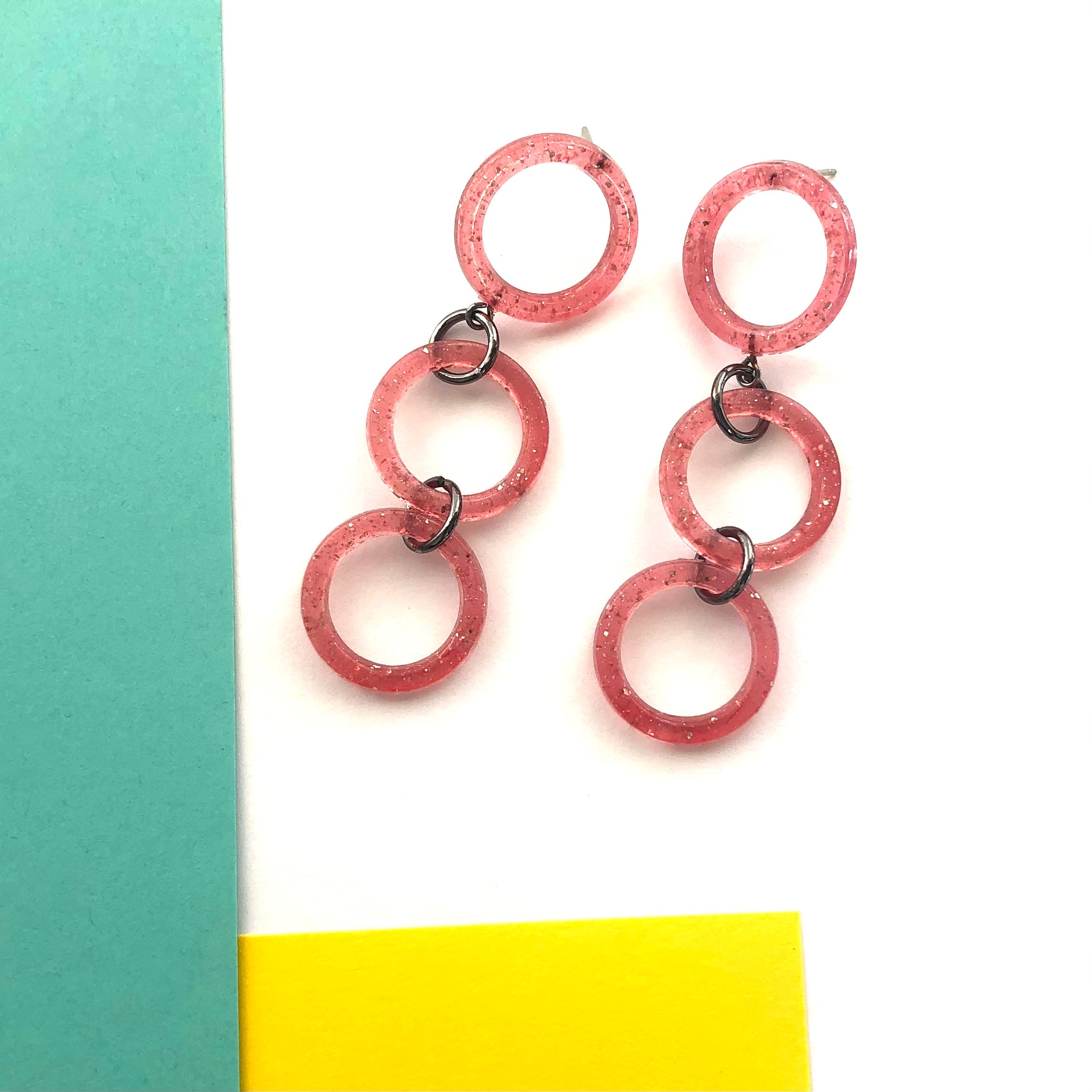 Pink Glitter Tri Dot Donut Earrings