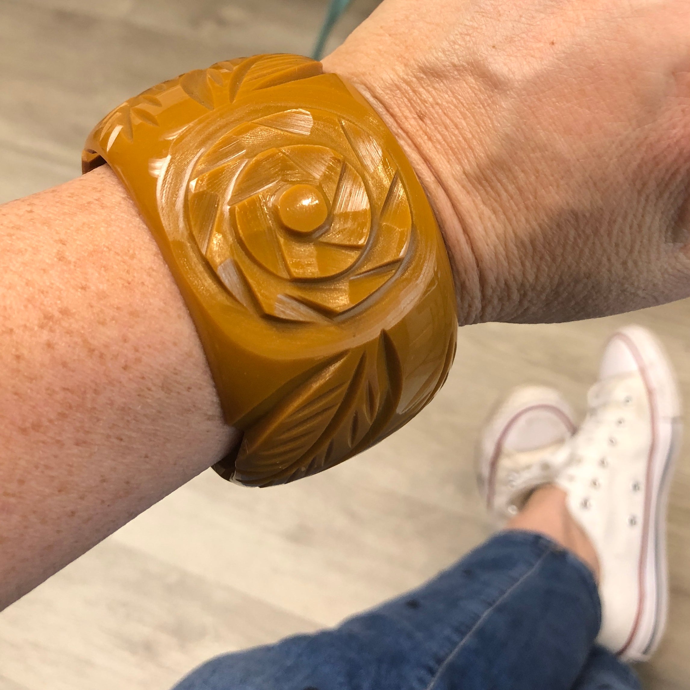 Butterscotch Carved Resin Bangle Bracelet - Wide