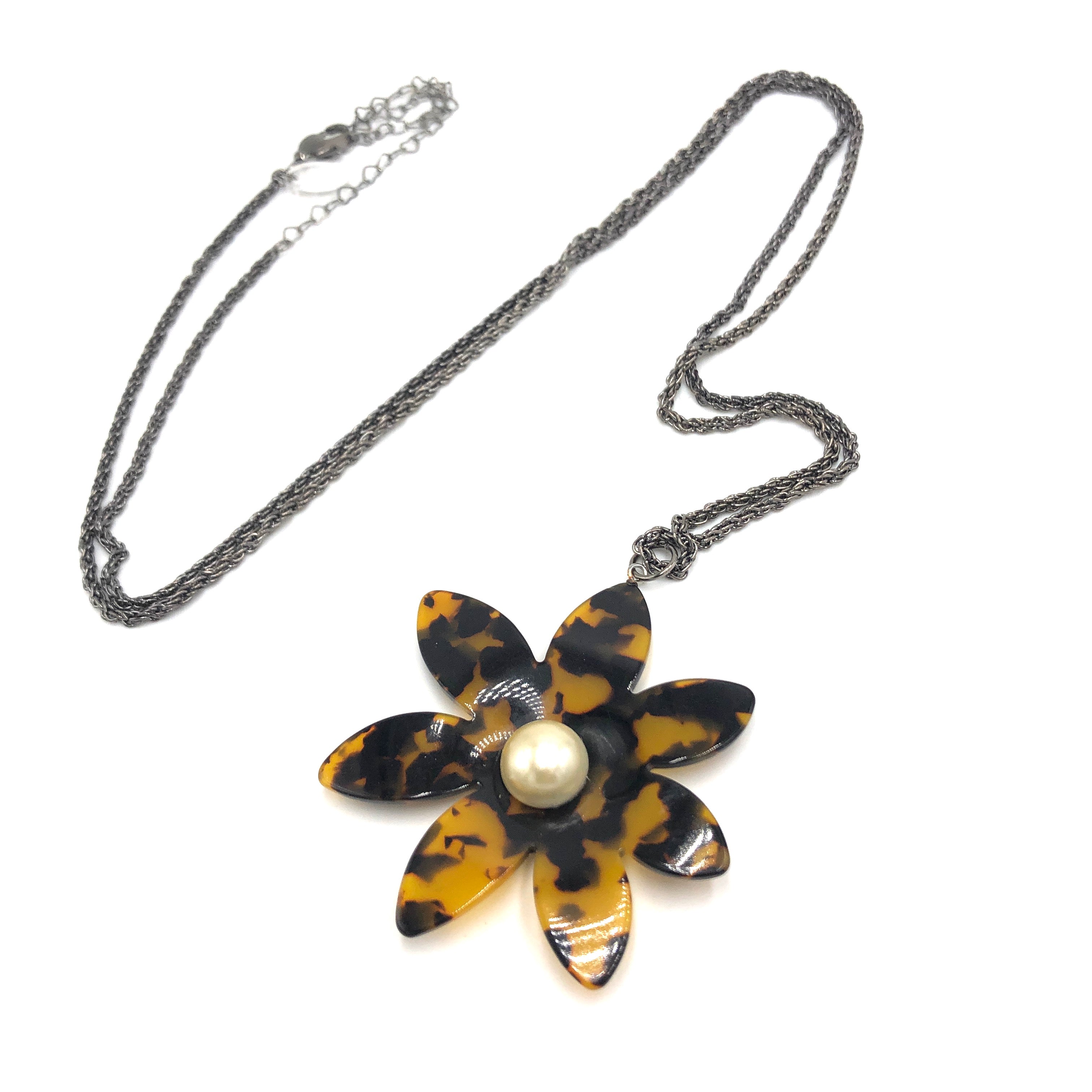 Tortoise Flower Pendant Chain Necklace - Long Rope